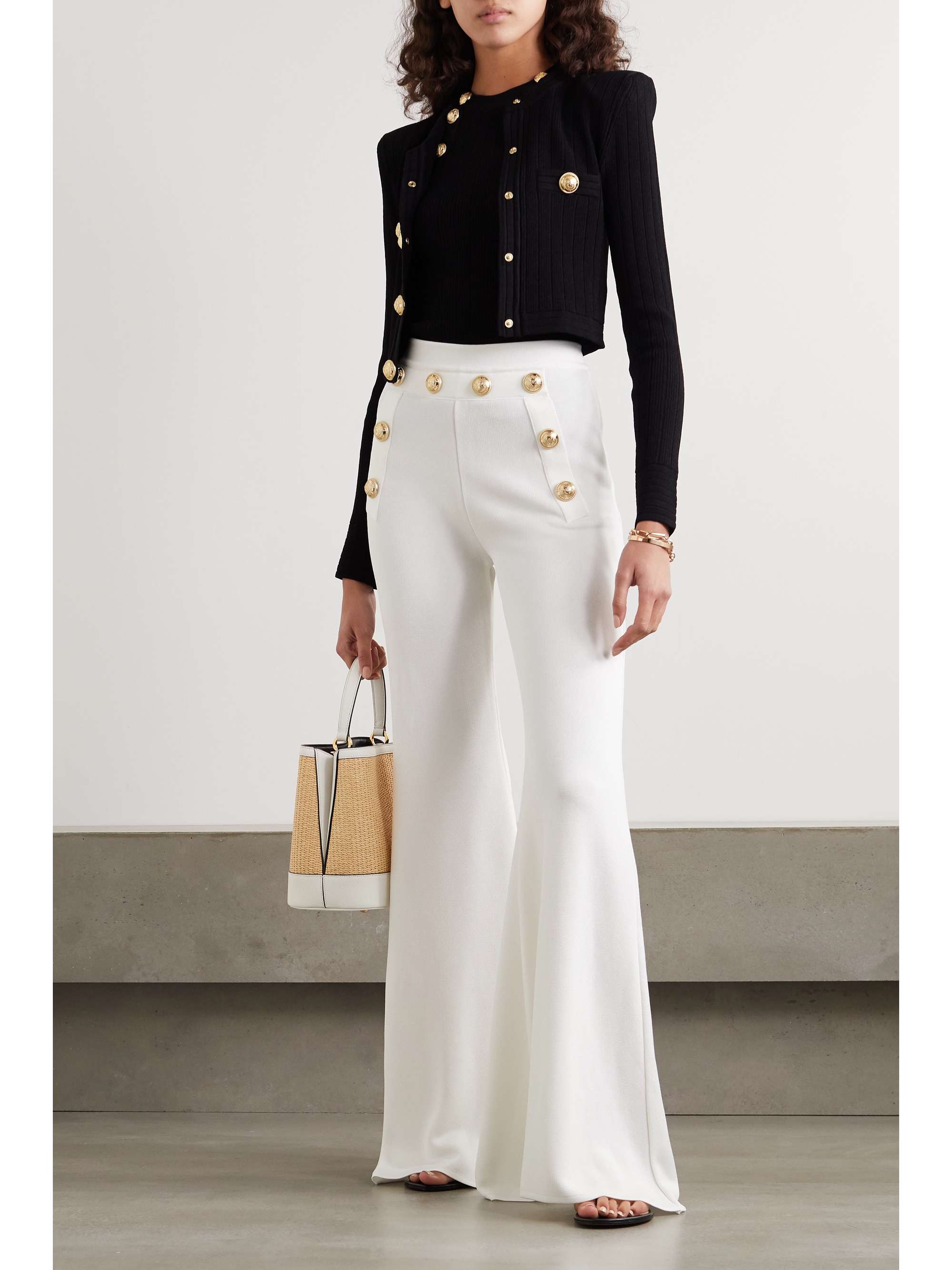 Cropped button-embellished jacquard-knit blazer view