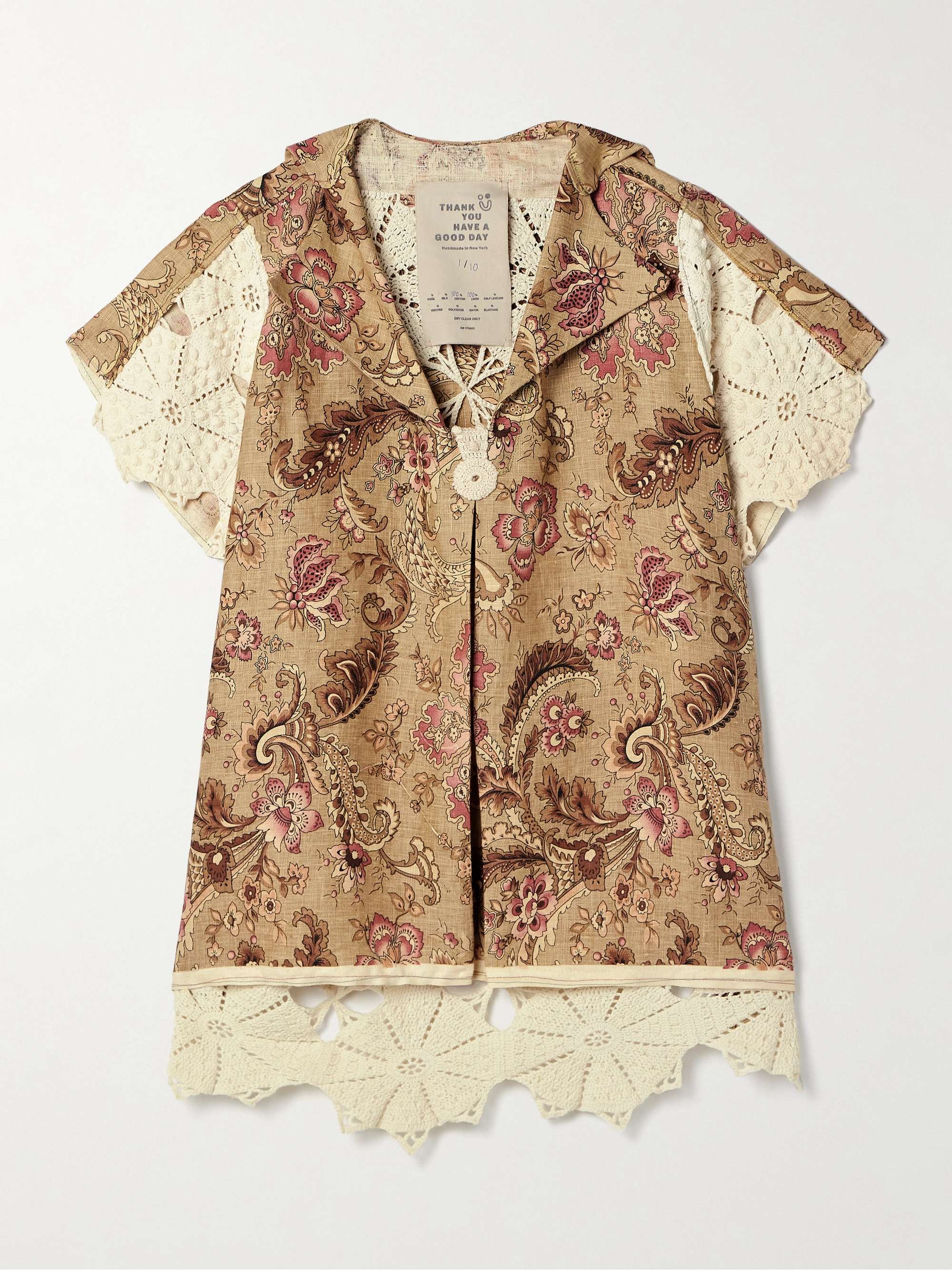 Mariah paneled crocheted cotton and floral-print linen shirt hero visual