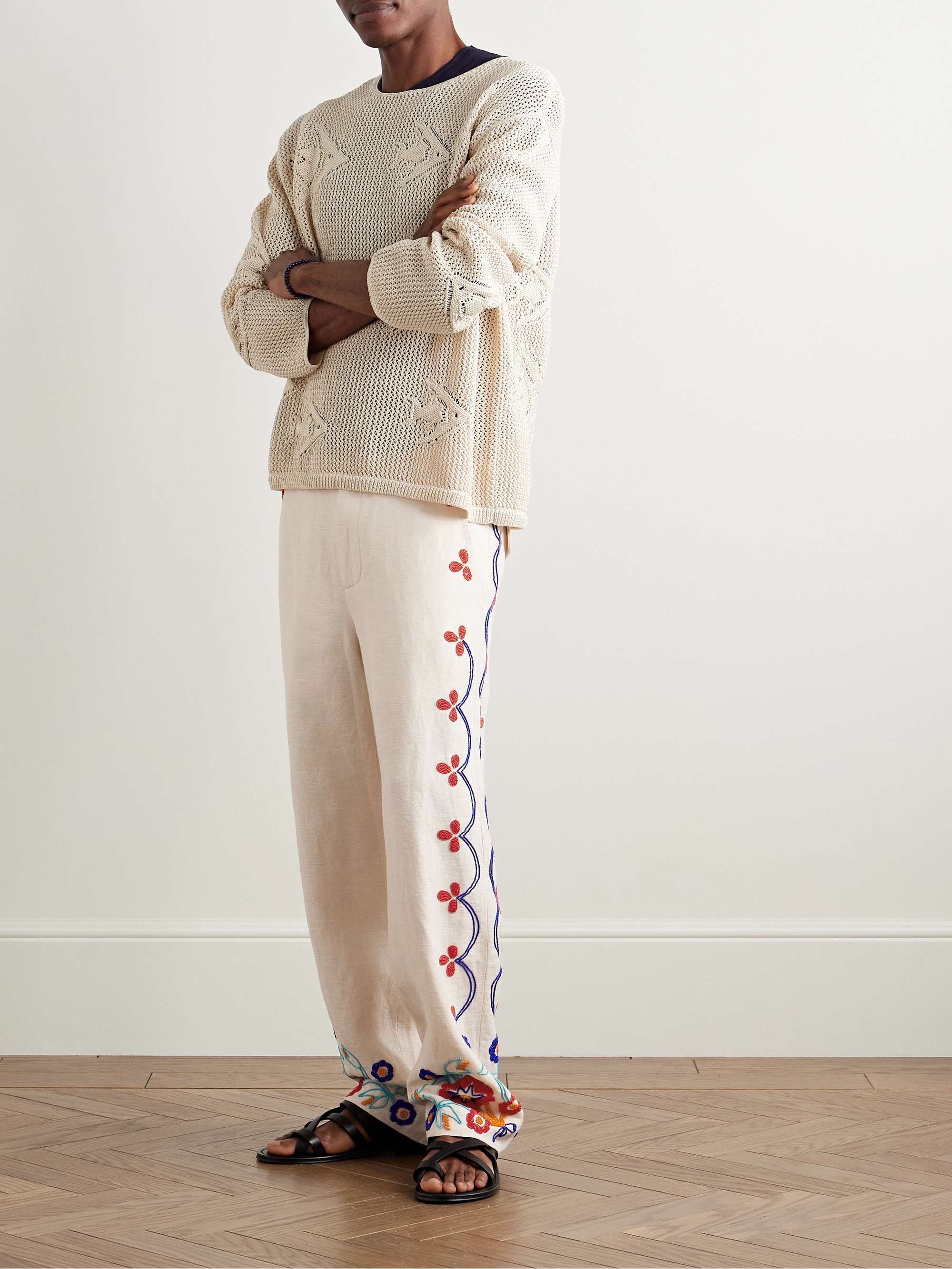 Garden Party Straight-Leg Bead-Embellished Linen Trousers view