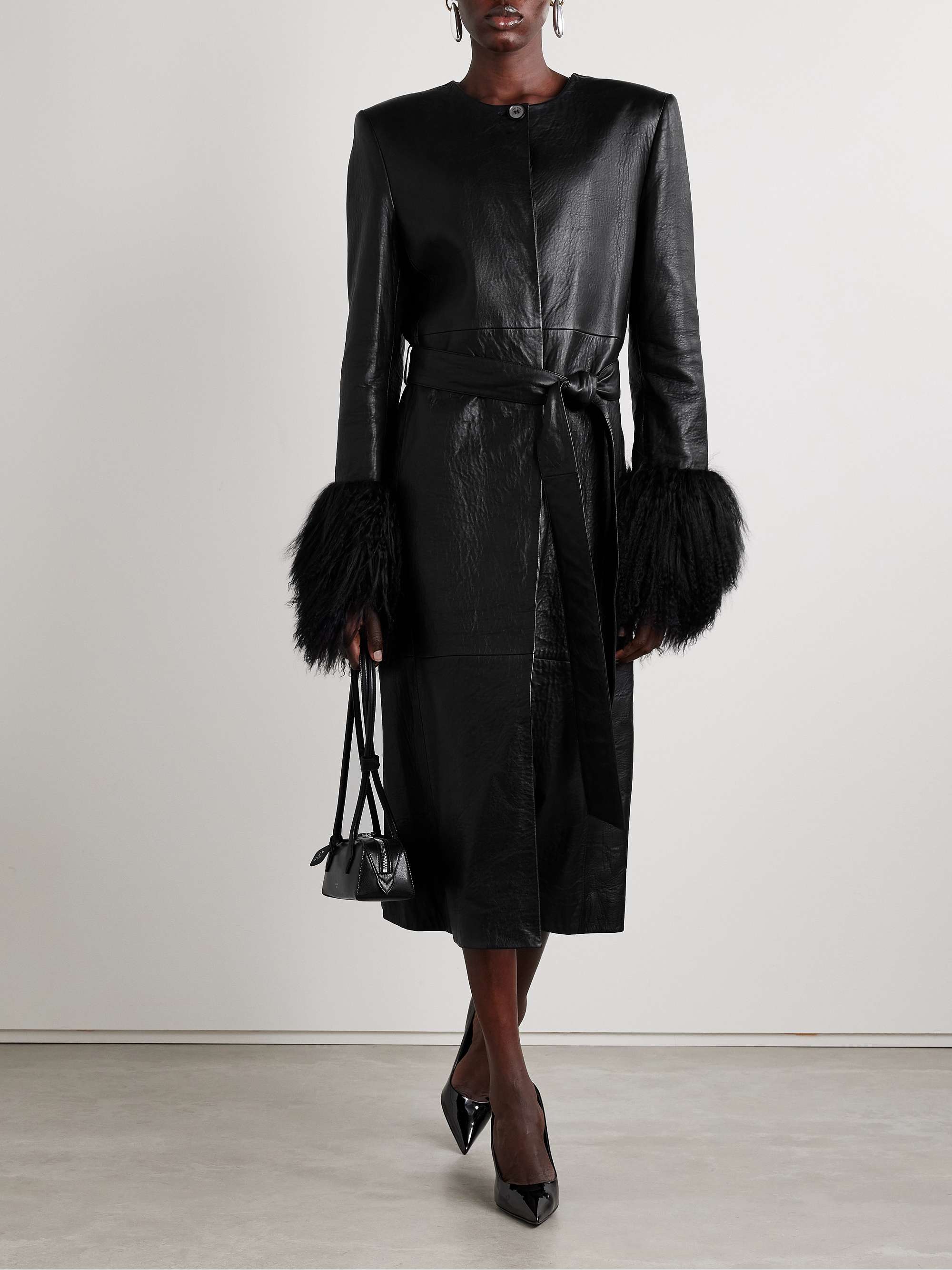 Belted faux fur-trimmed textured-leather coat view