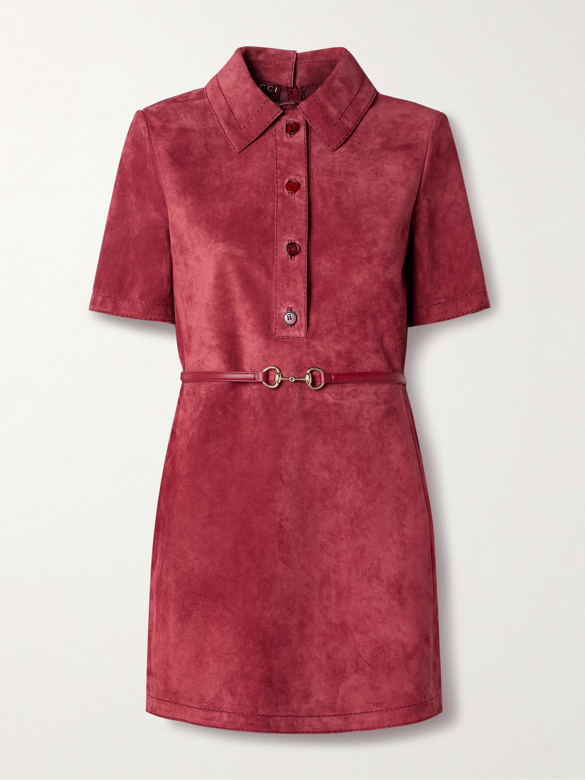 Belted leather-paneled suede mini dress hero visual