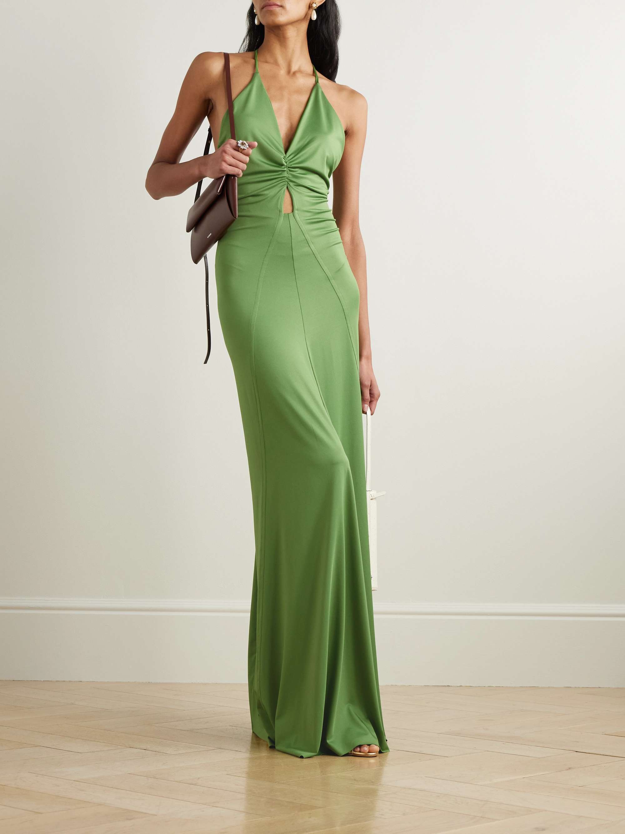 Cutout ruched stretch-satin gown view