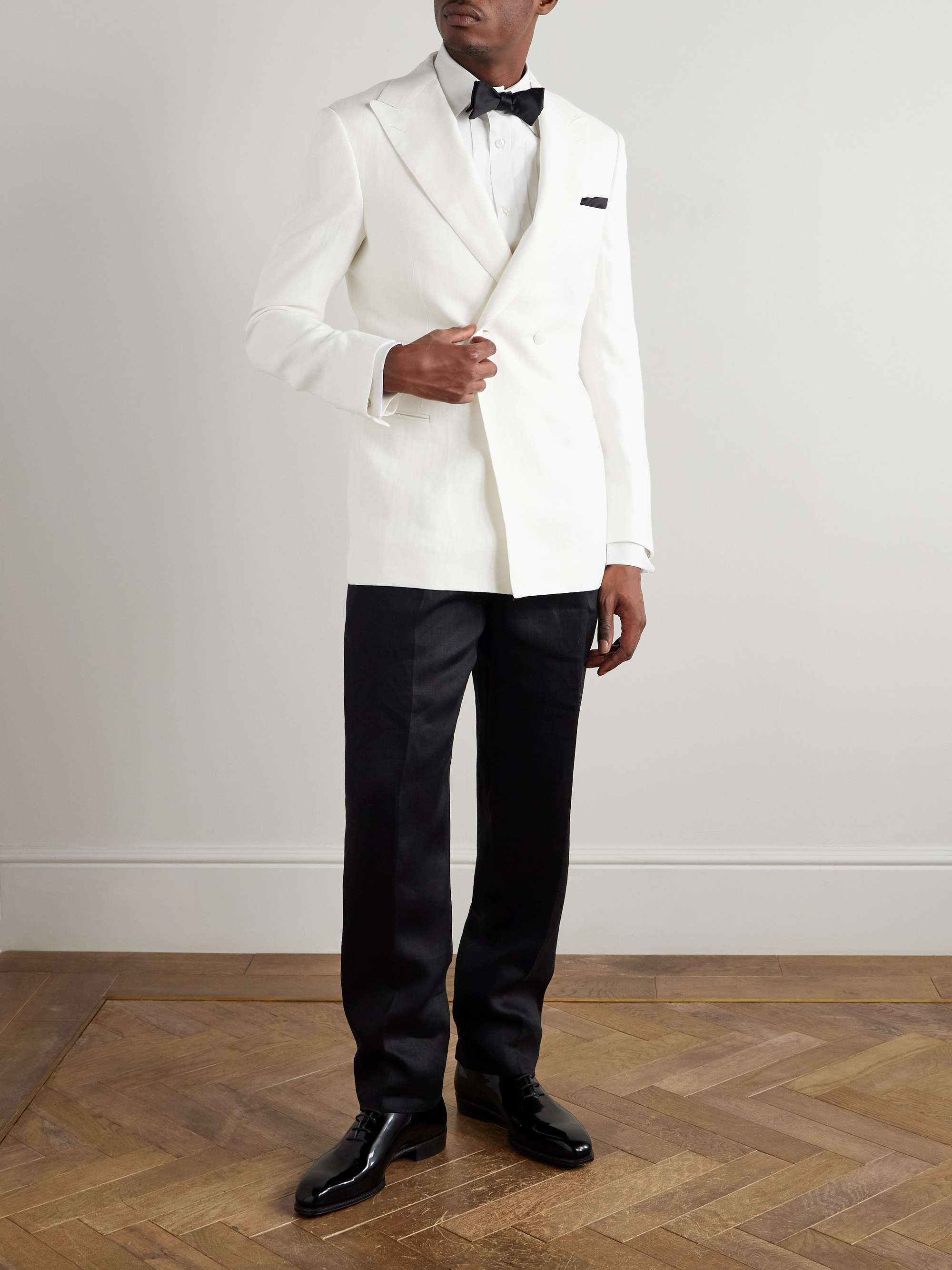 Double-Breasted Herringbone Linen Tuxedo Jacket view