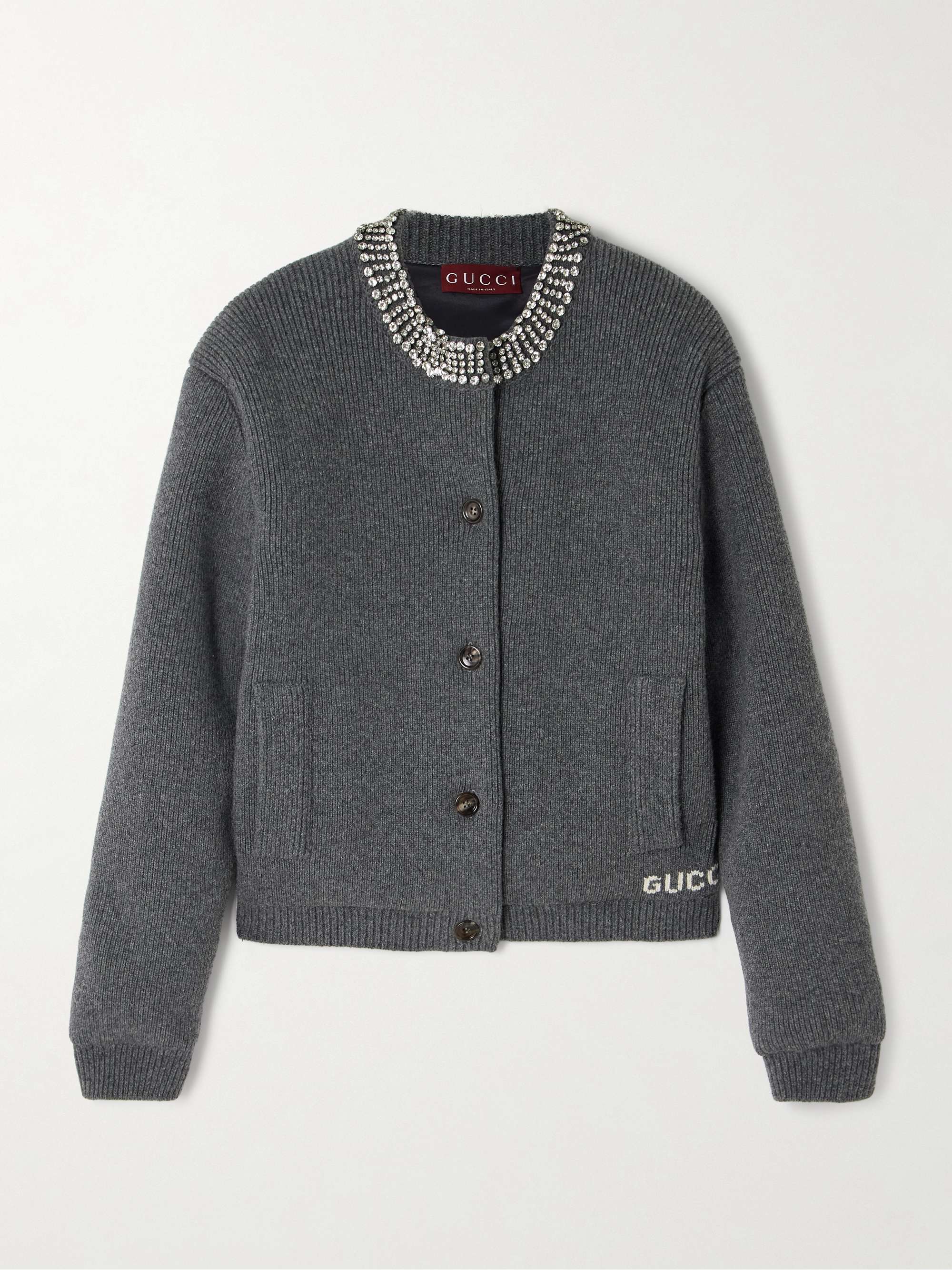 Crystal-embellished intarsia-knit padded ribbed wool cardigan hero visual