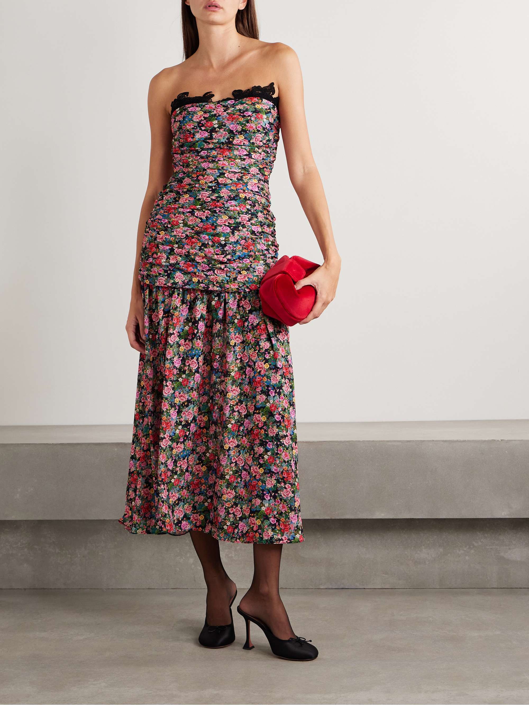 Viola lace-trimmed floral-print chiffon midi dress view