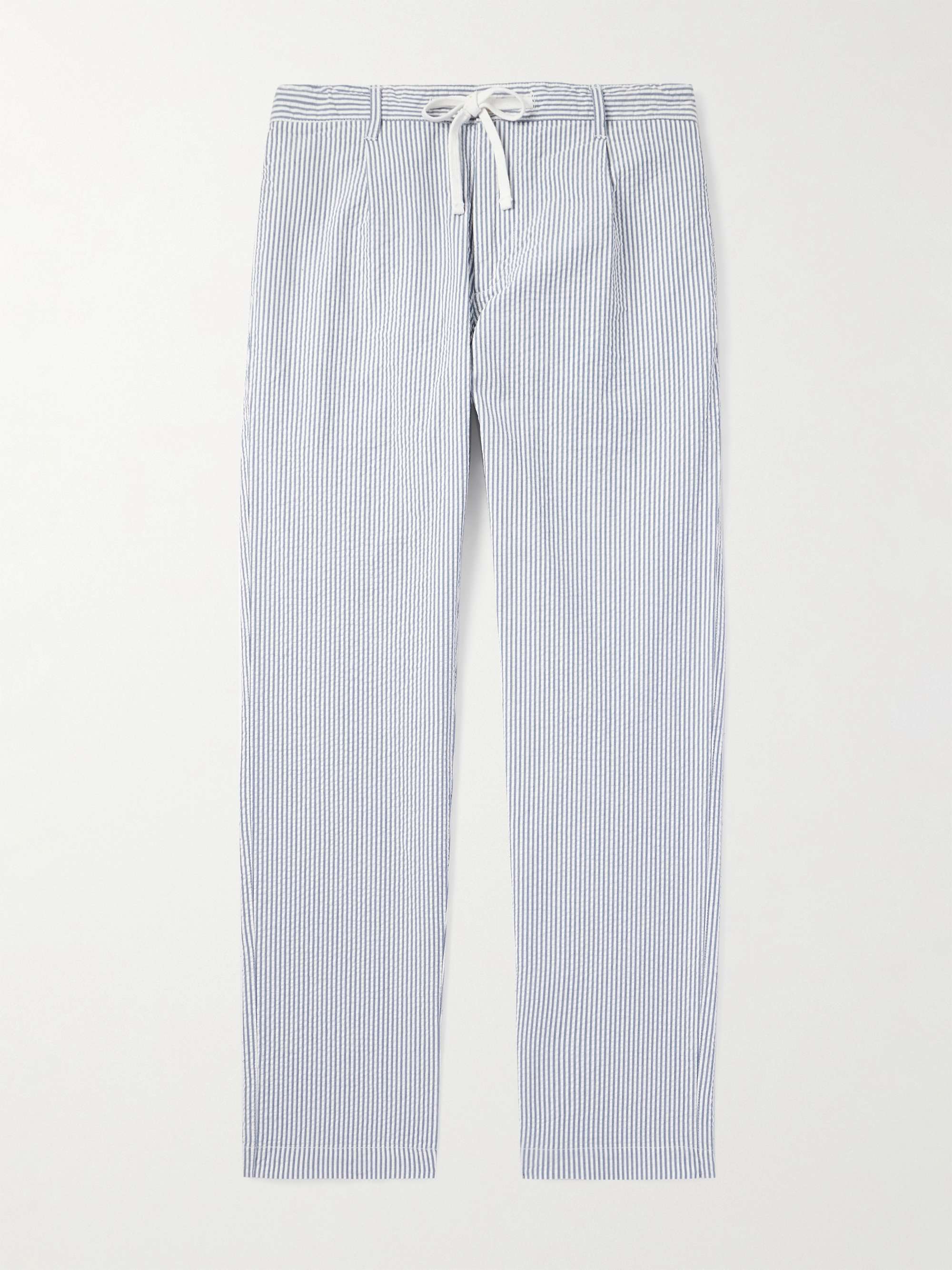 Tanker Straight-Leg Pleated Striped Cotton-Seersucker Drawstring Trousers hero visual