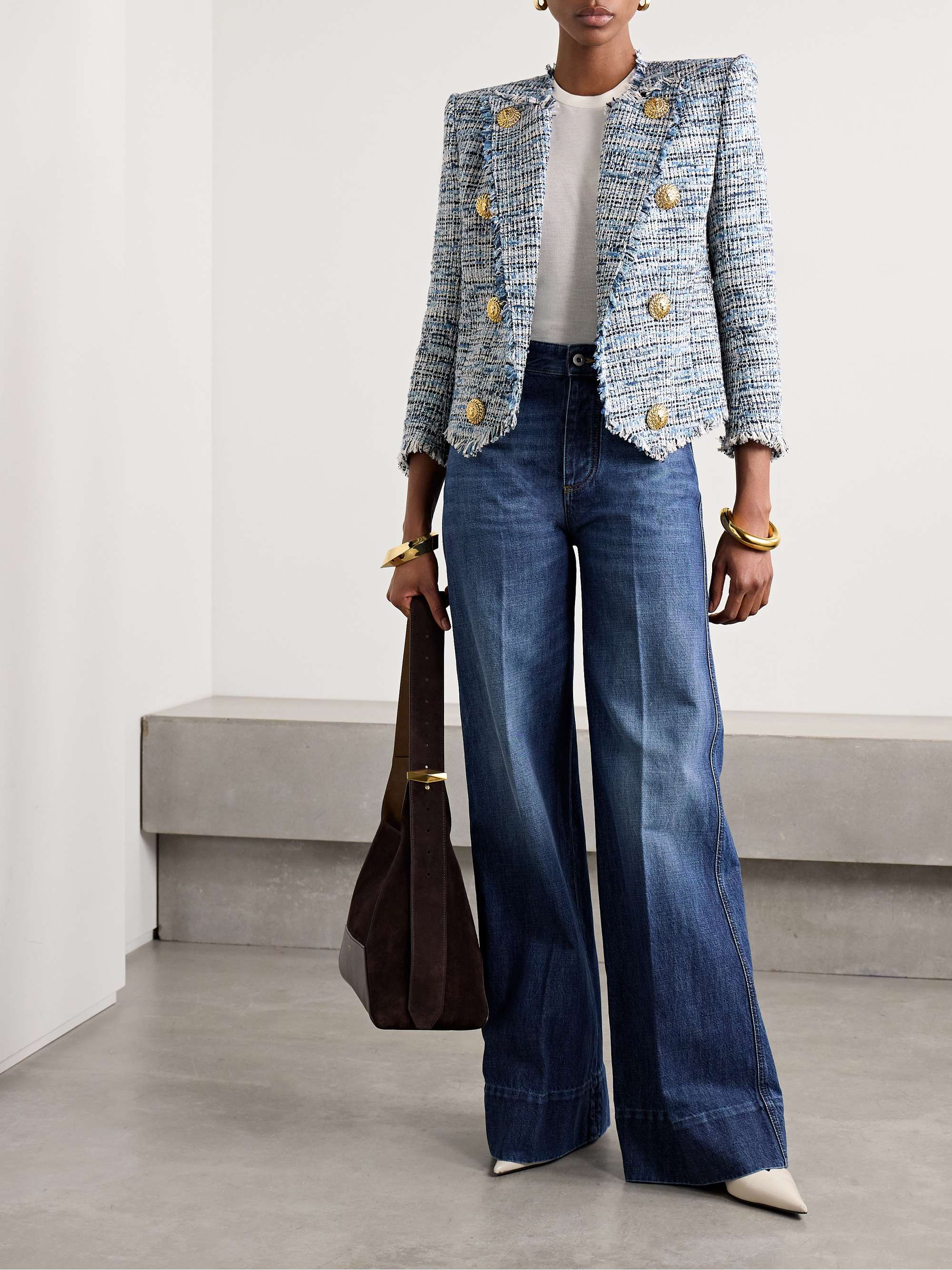 Spencer button-embellished frayed cotton-blend tweed blazer view