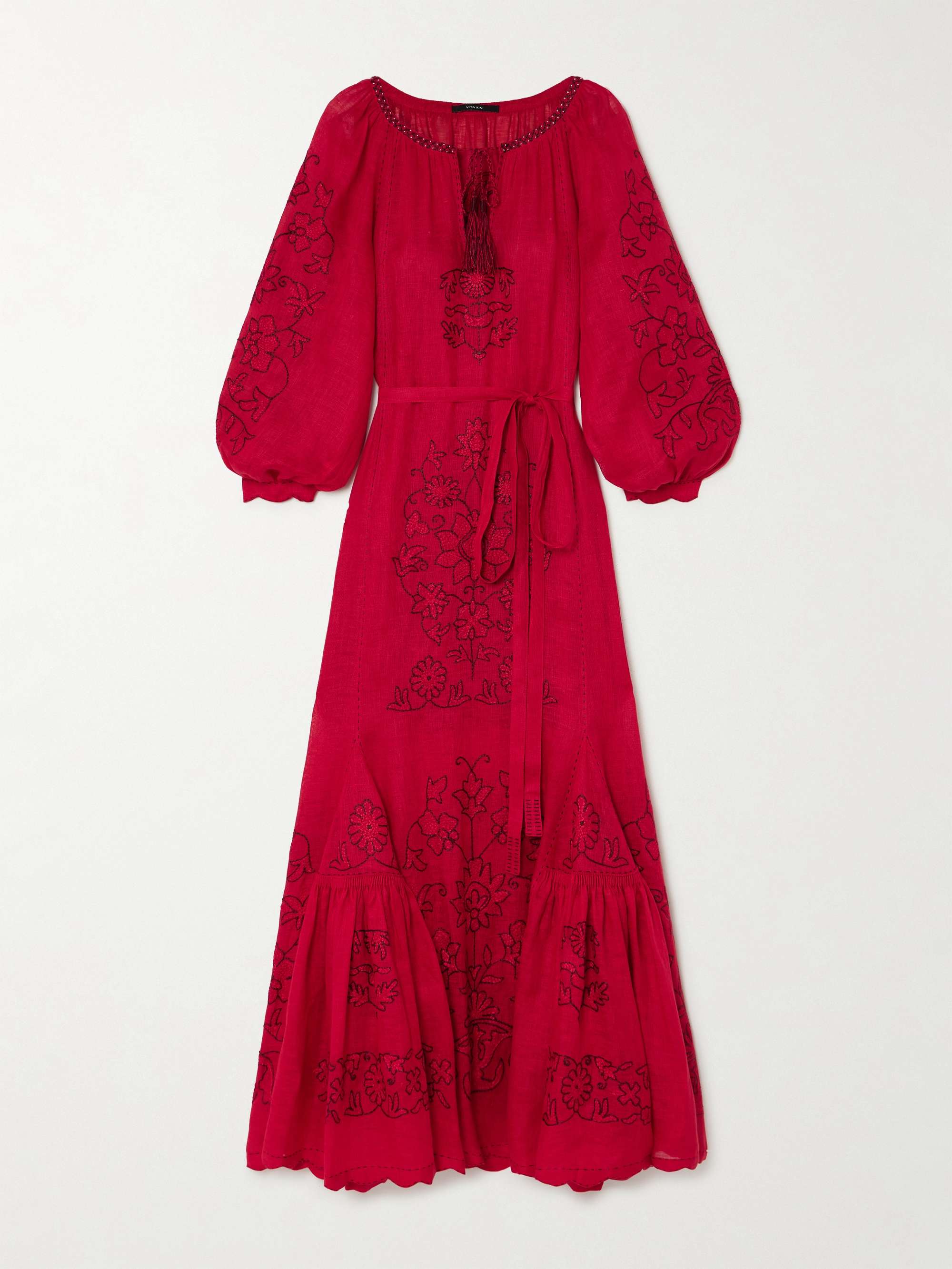Cairo tasseled bead-embellished embroidered linen maxi dress hero visual