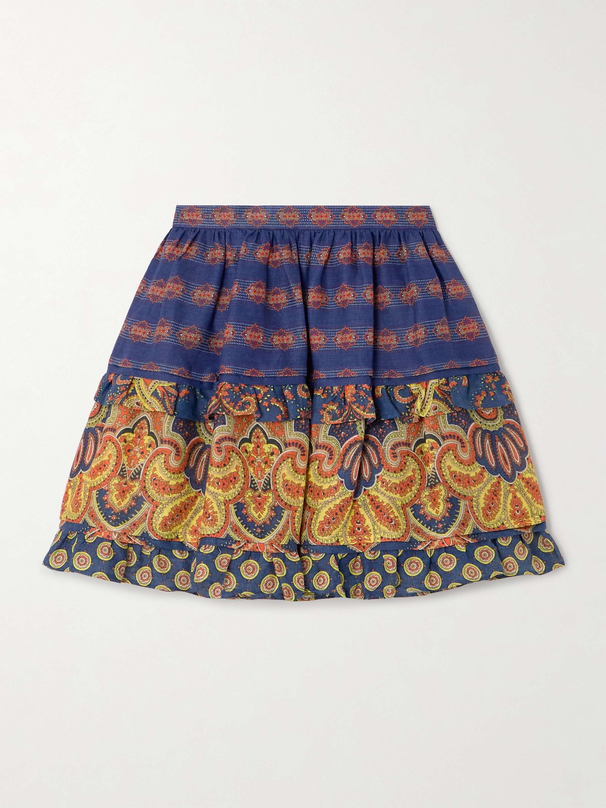 Tiered embroidered paisley-print linen mini skirt hero visual