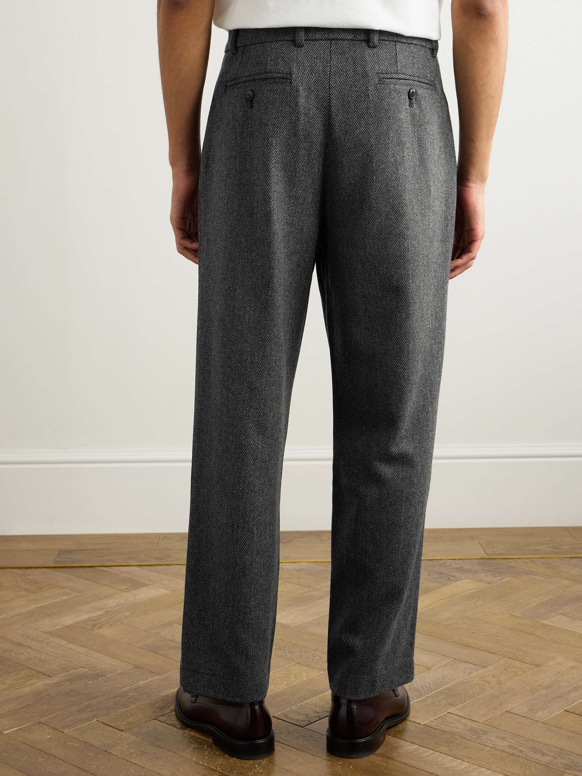 Traveler Straight-Leg Pleated Herringbone Wool and Cashmere-Blend Trousers view
