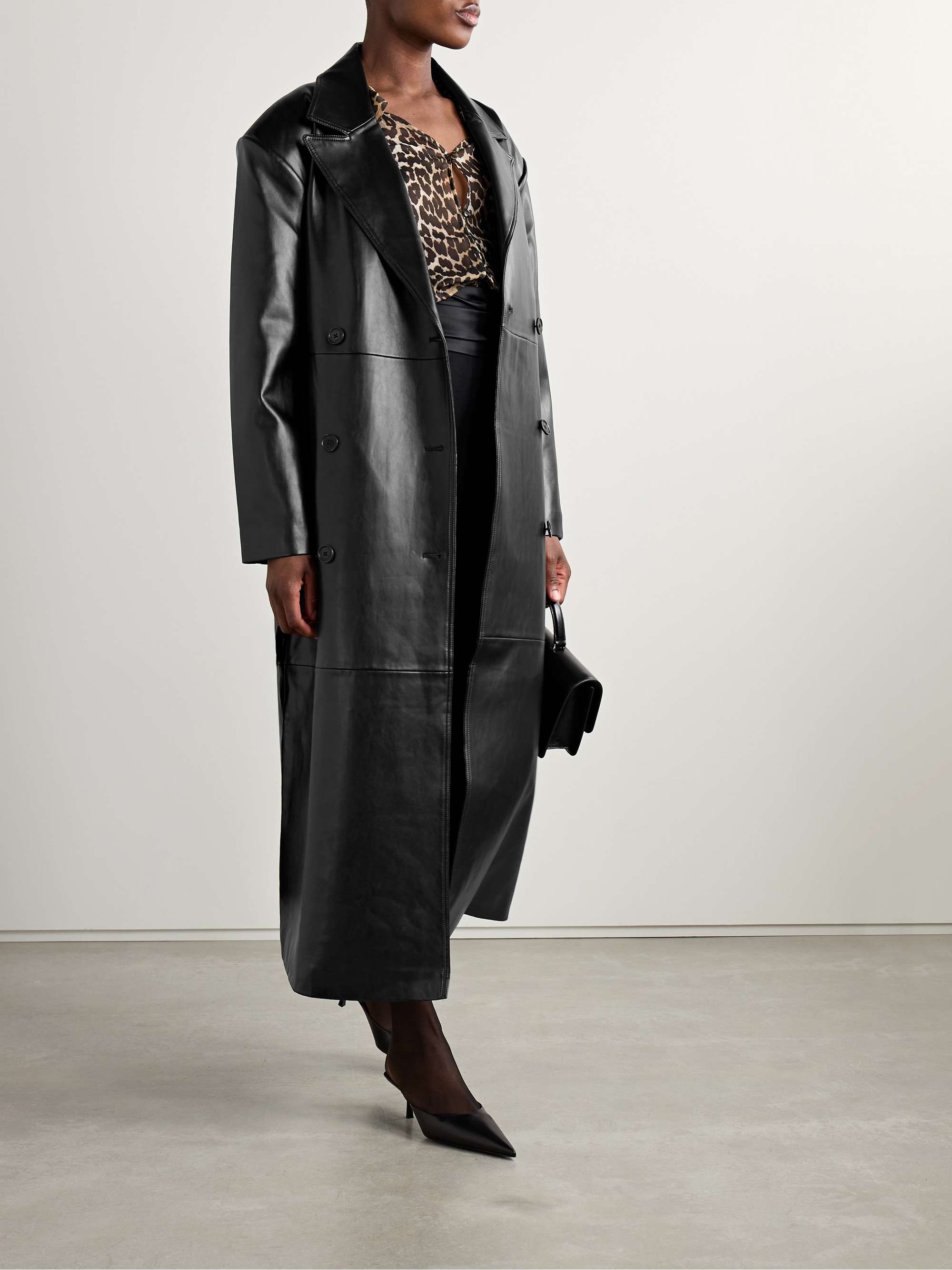 Tina belted double-breasted faux leather trench coat view