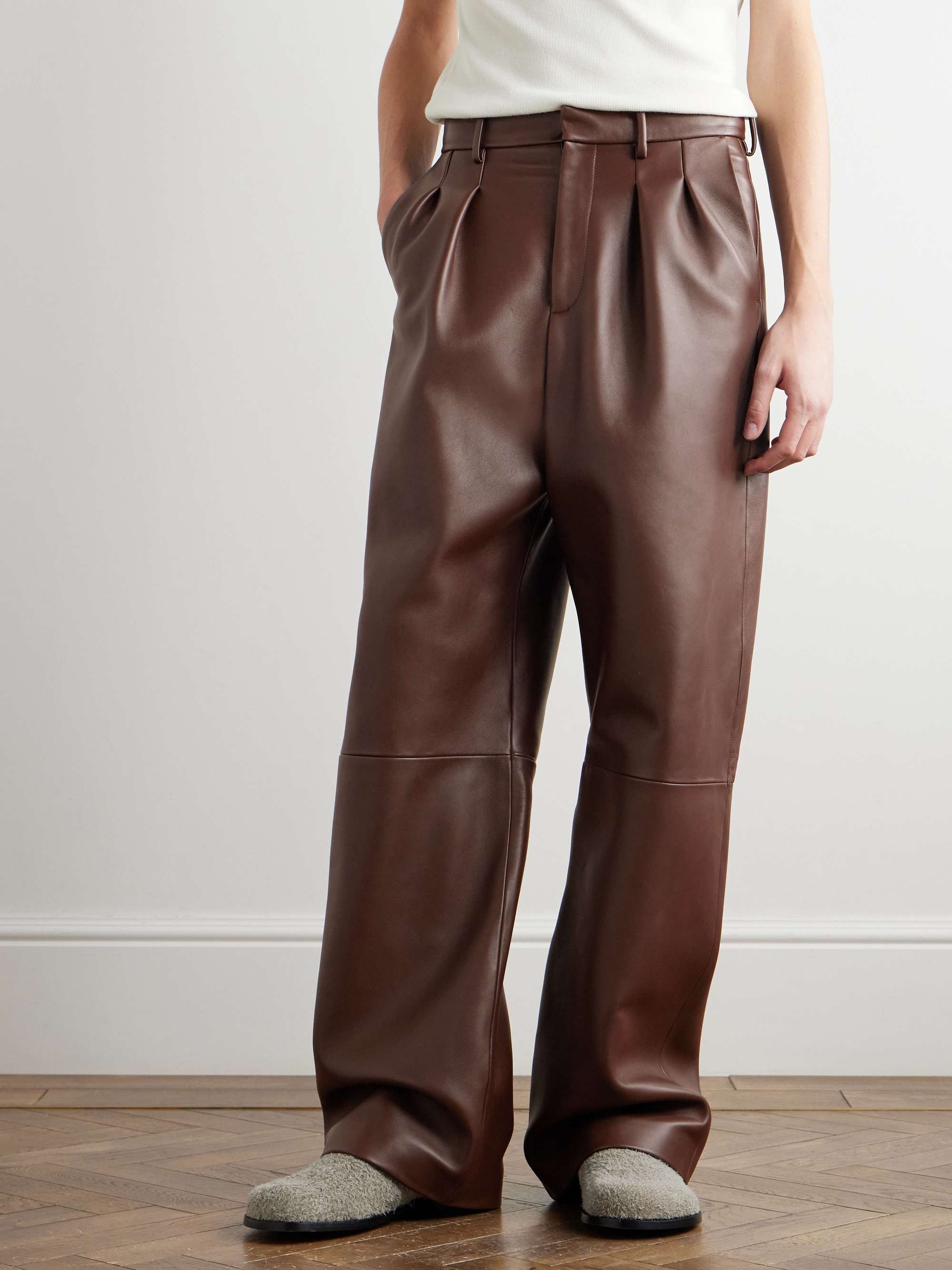 Straight-Leg Pleated Leather Tousers view
