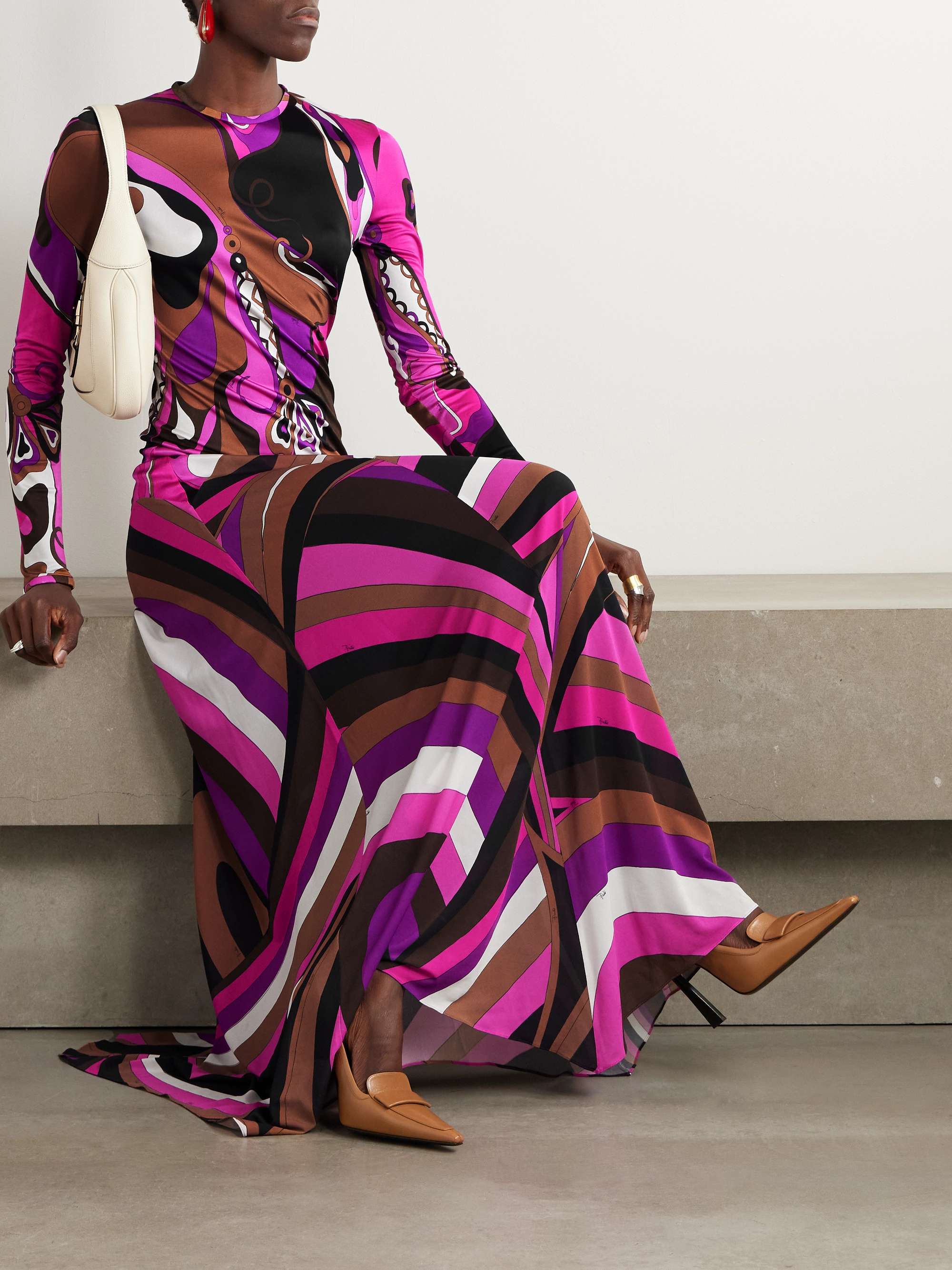 Pleated paneled printed satin-jersey and stretch-mesh maxi dress view