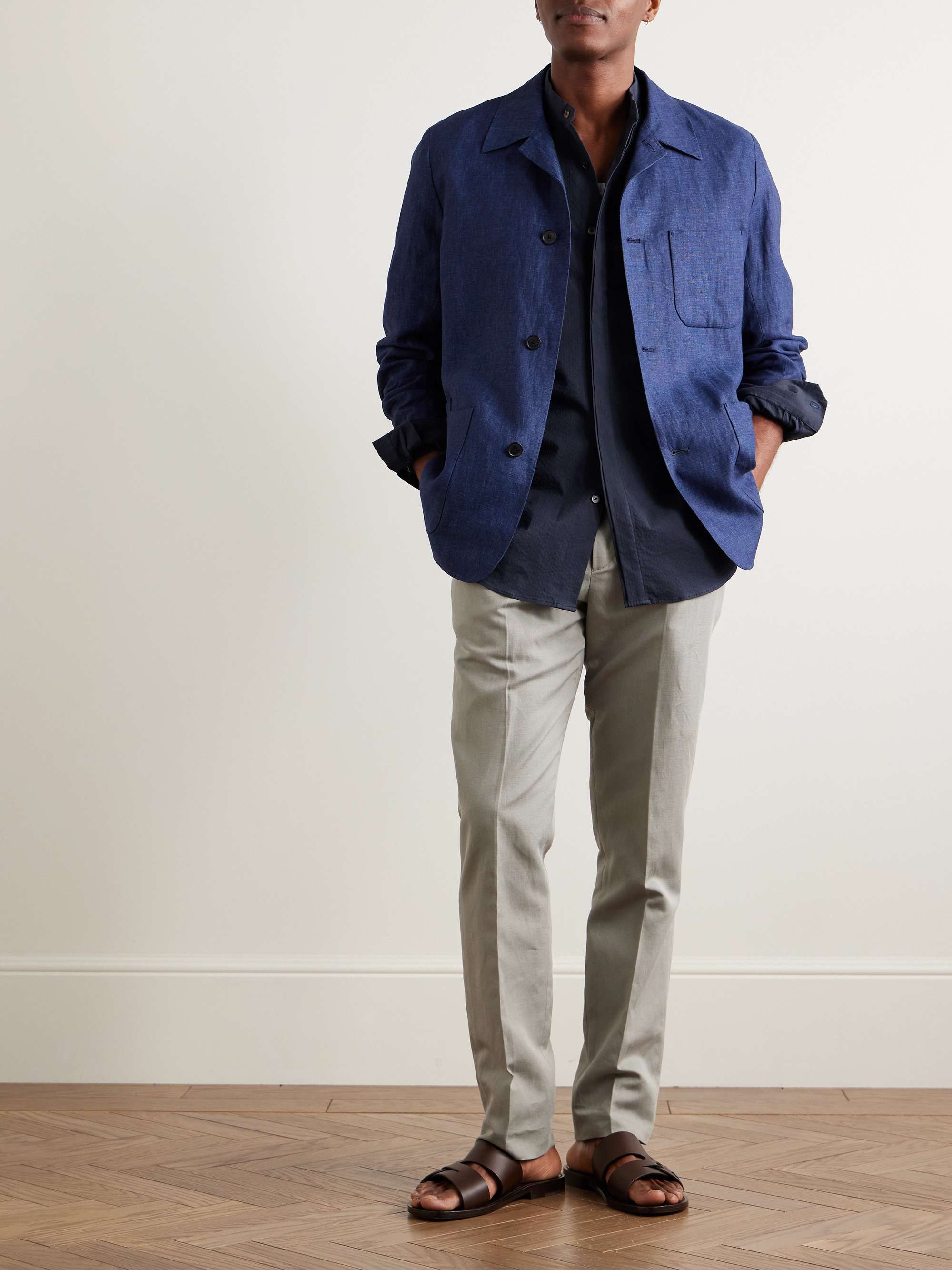 Slim-Fit Grandad-Collar Cotton-Seersucker Shirt view
