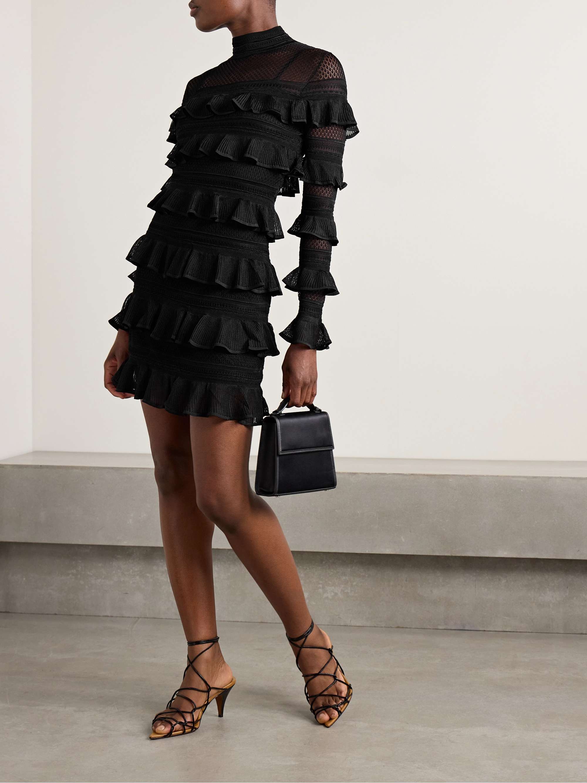 Crush paneled ruffled ribbed-knit and crochet mini dress view