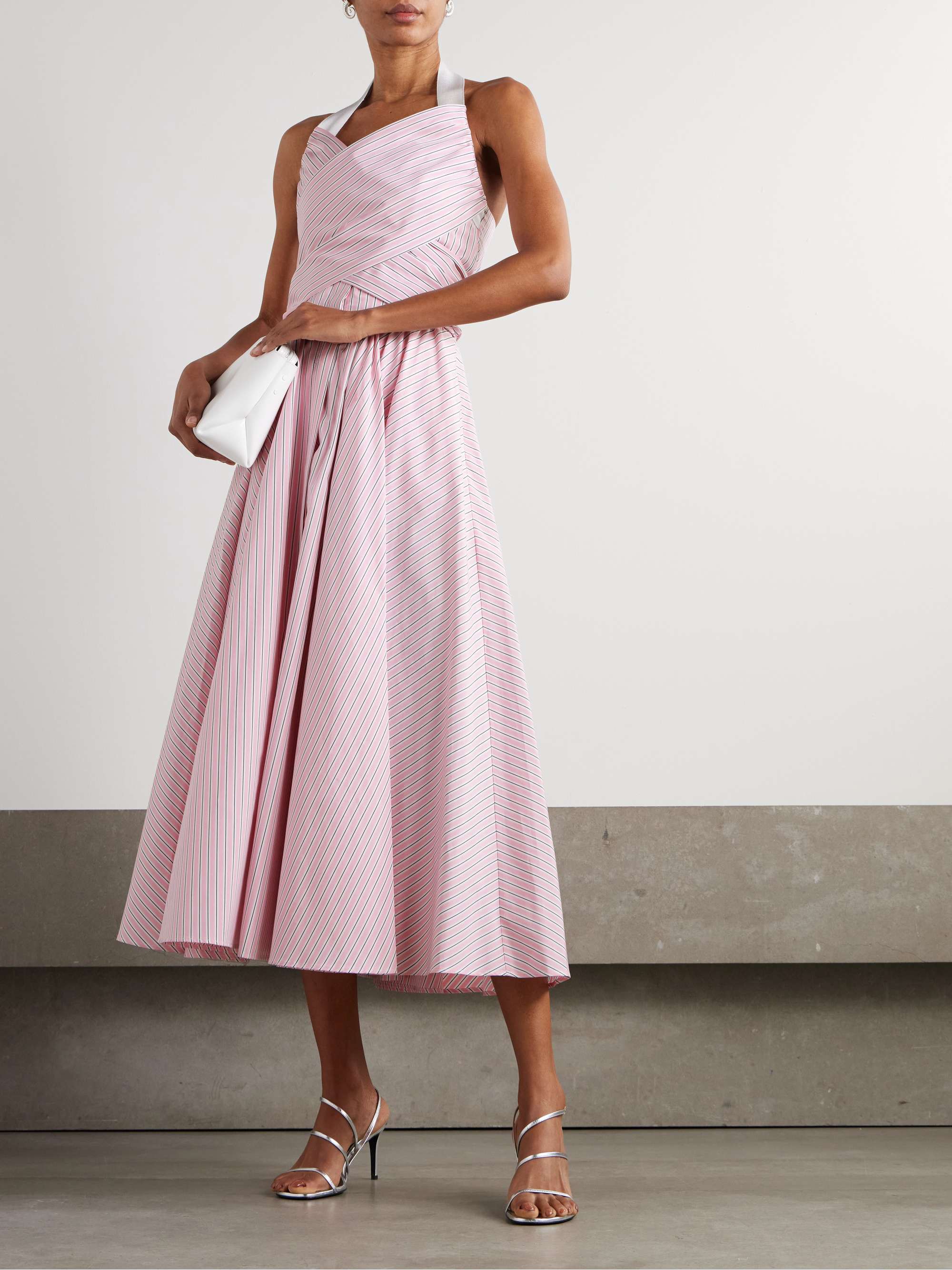 Draped striped cotton-poplin halterneck midi dress view