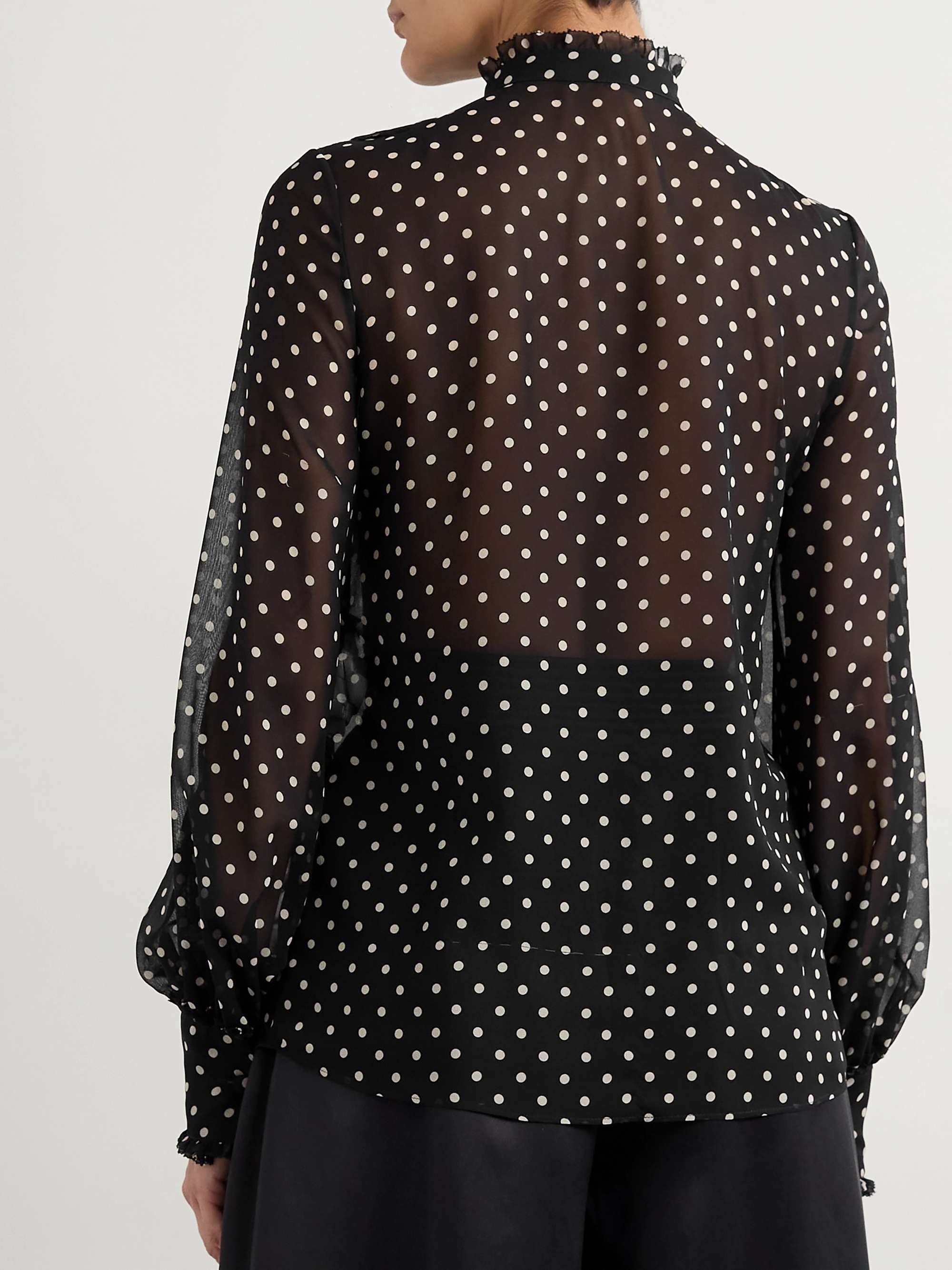 Ruffled lace-trimmed polka-dot silk-chiffon shirt view