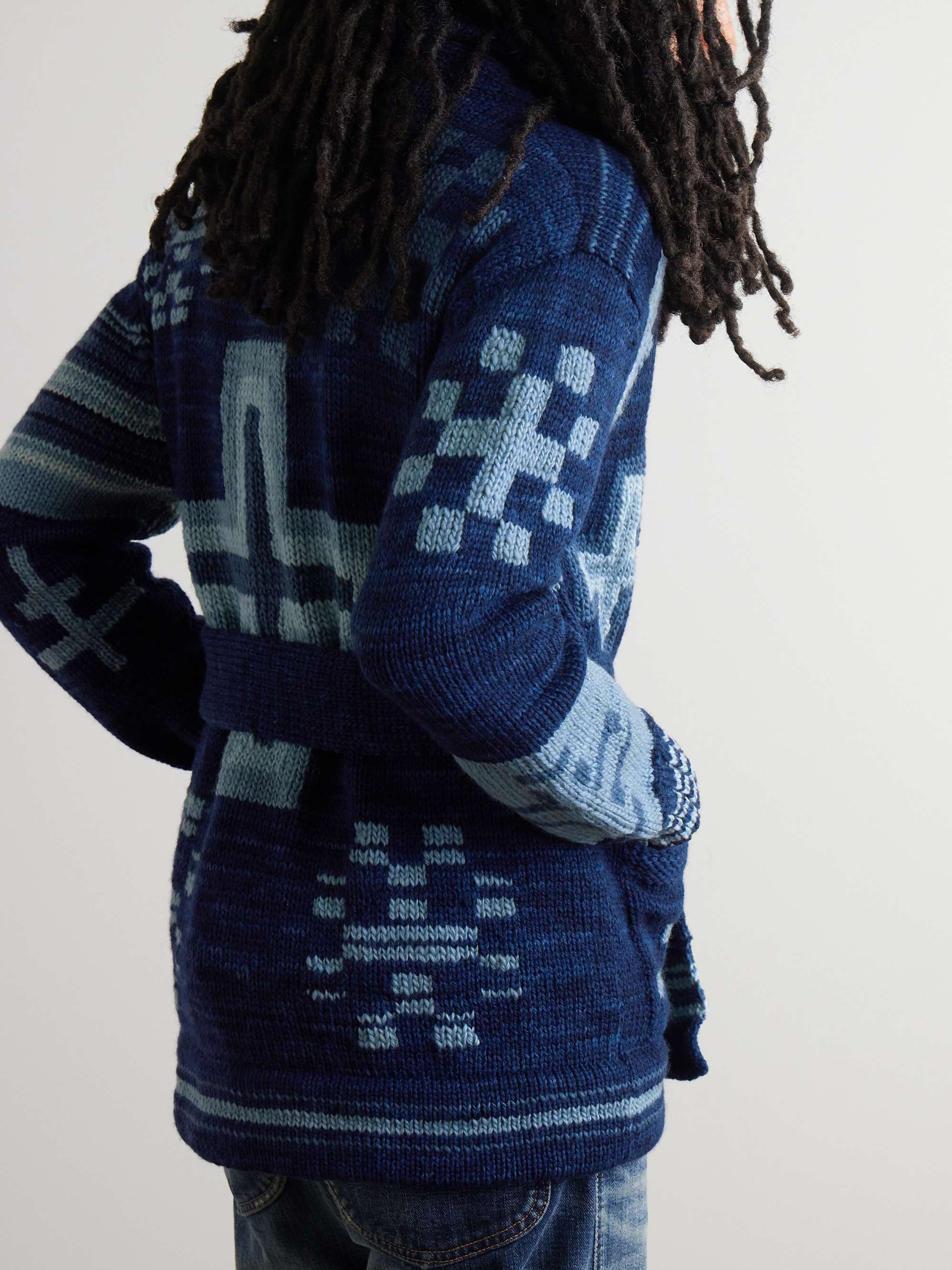 + Naiomi Glasses Shawl-Collar Belted Jacquard-Knit Wool Cardigan view