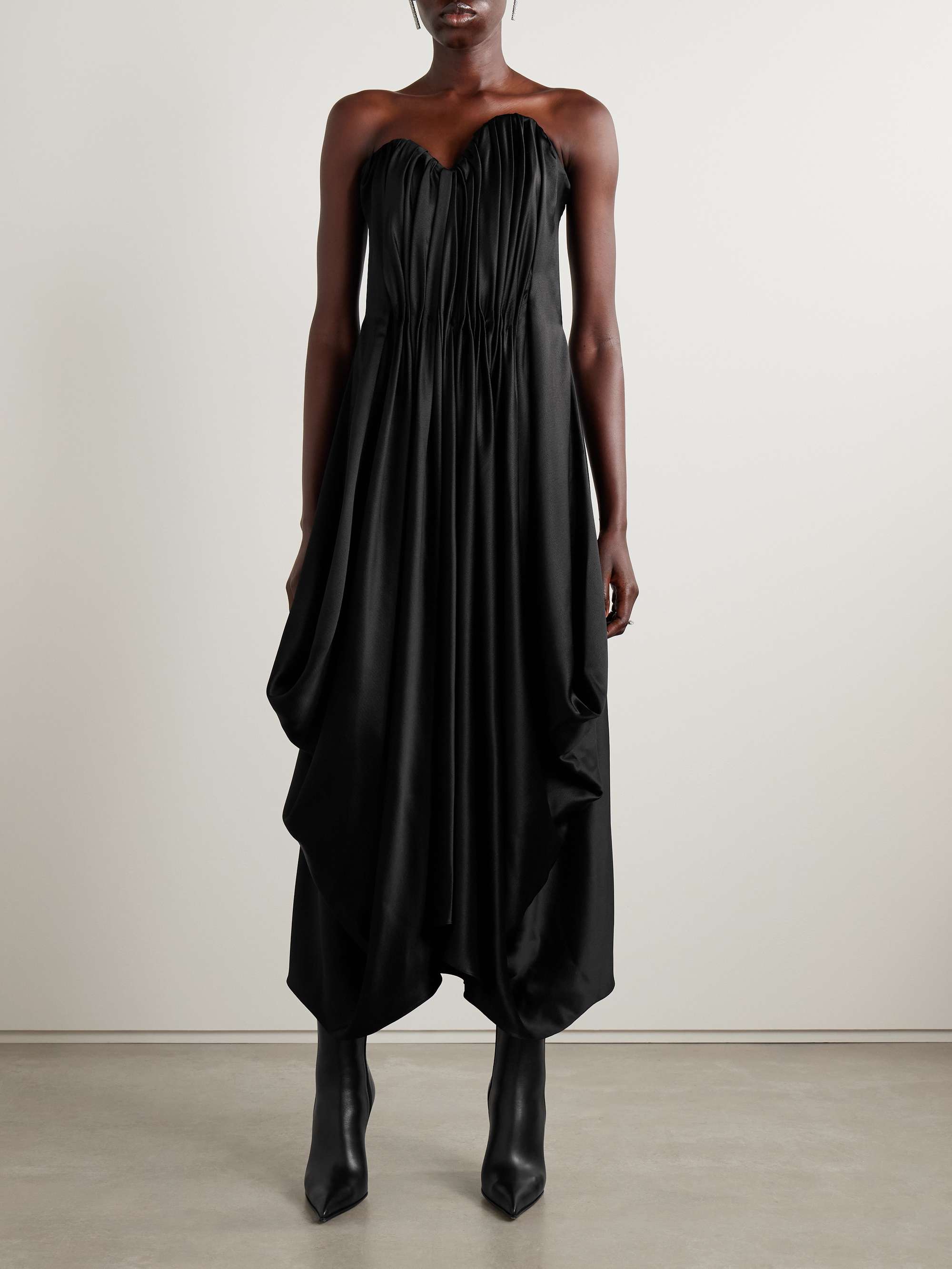 Strapless pleated hammered-satin maxi dress view