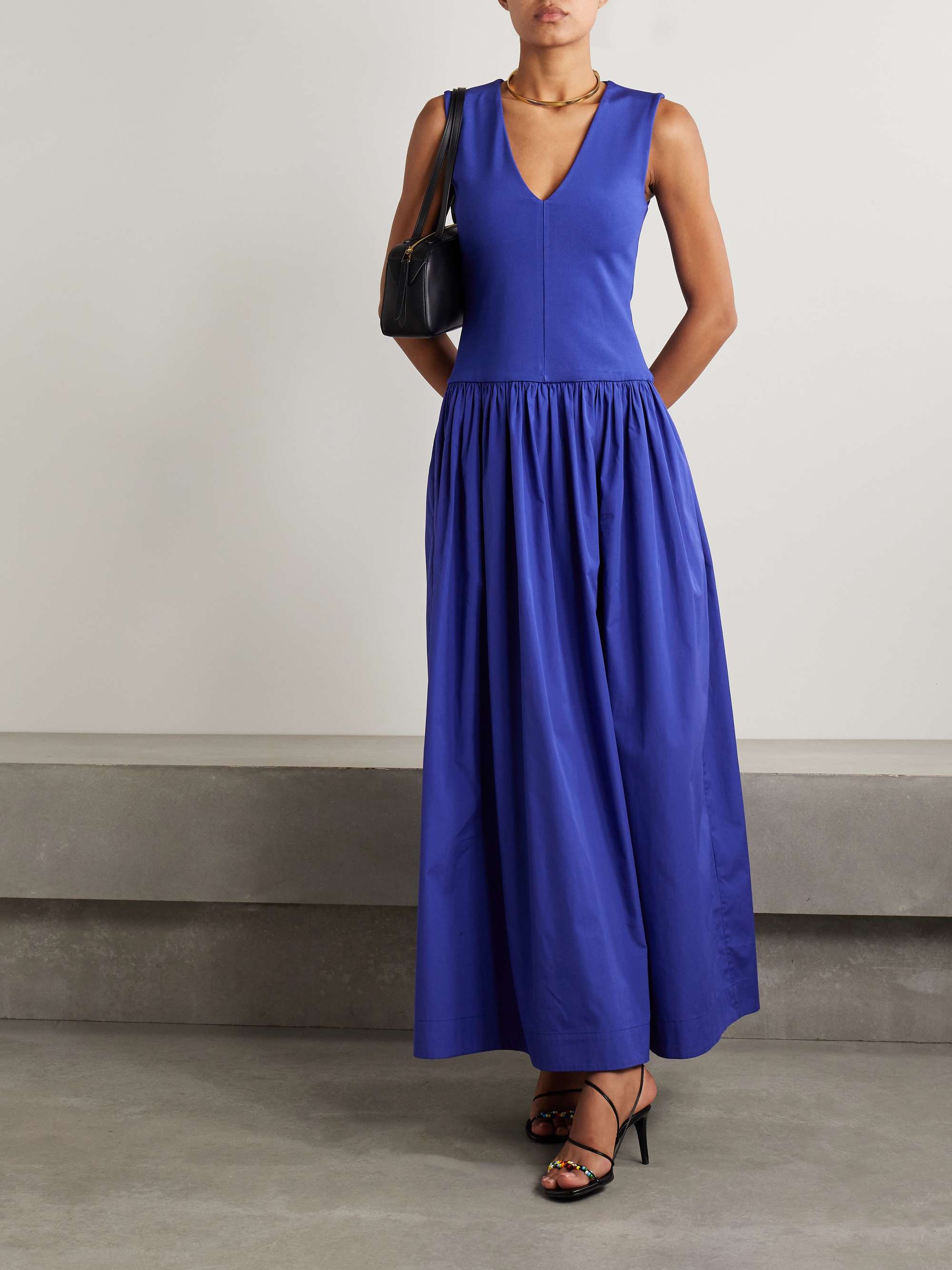 Stretch-knit and gathered organic cotton-poplin maxi dress view