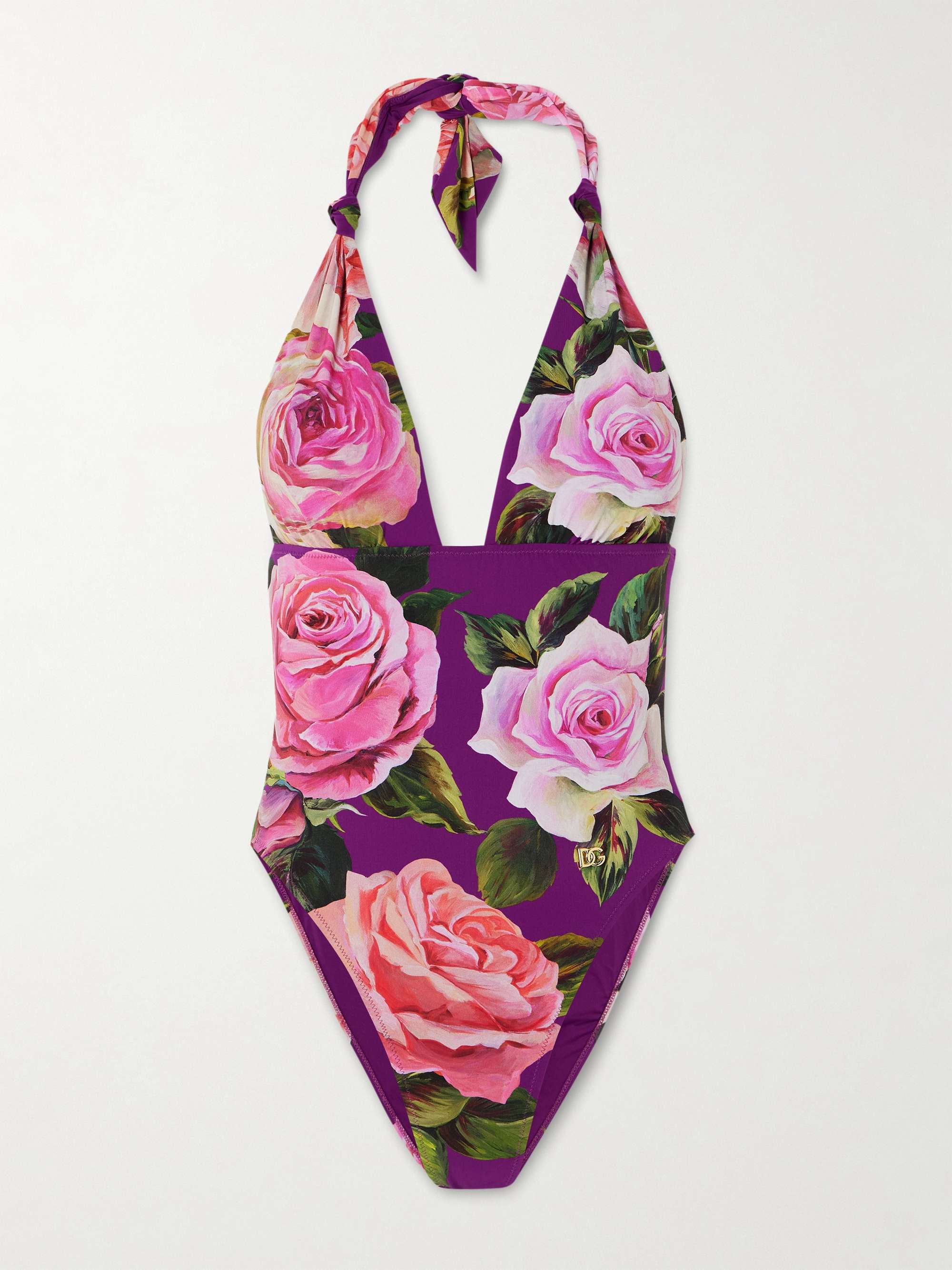 Embellished floral-print knotted halterneck swimsuit hero visual