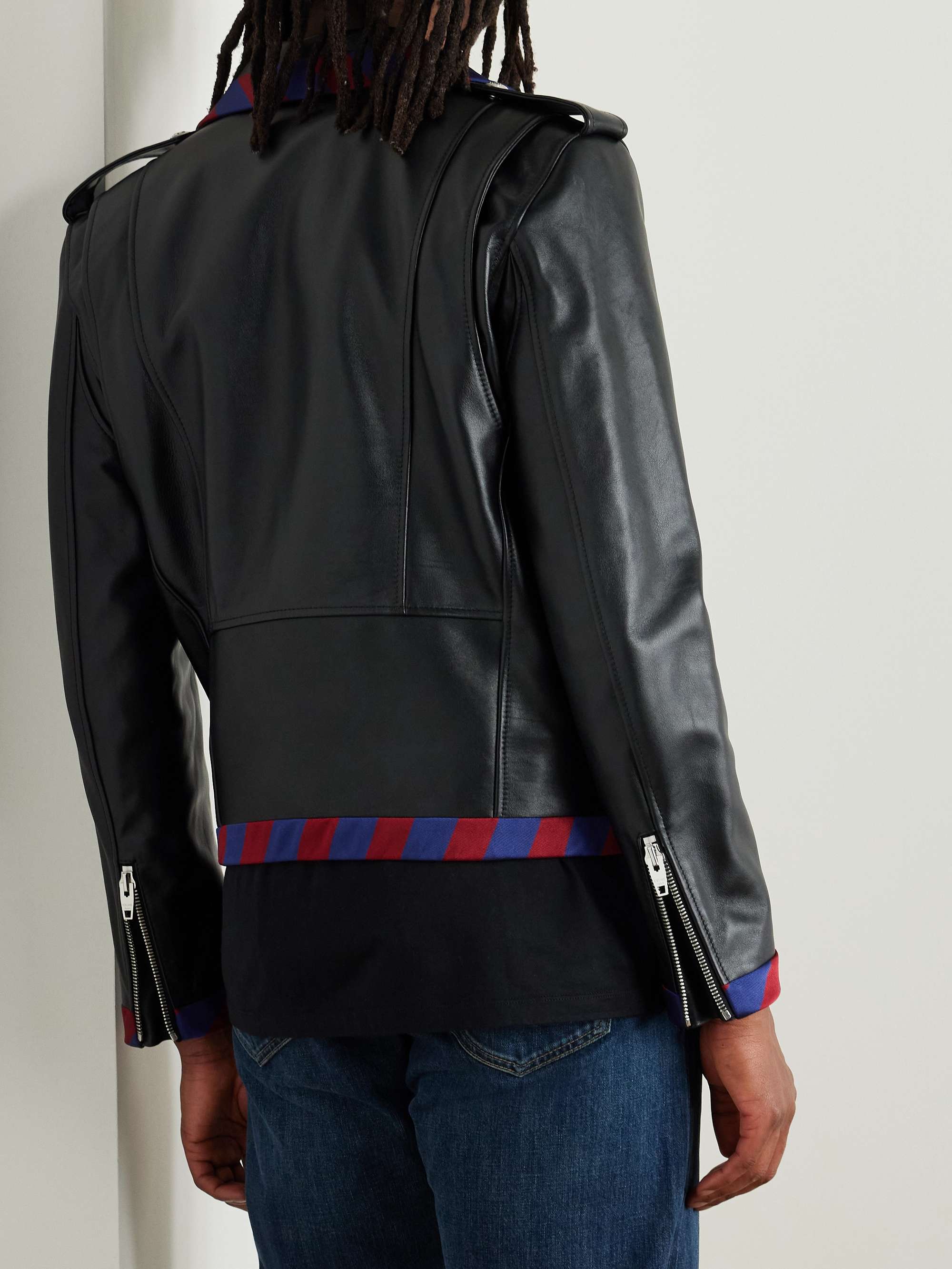 Belted Striped Twill-Trimmed Leather Biker Jacket view