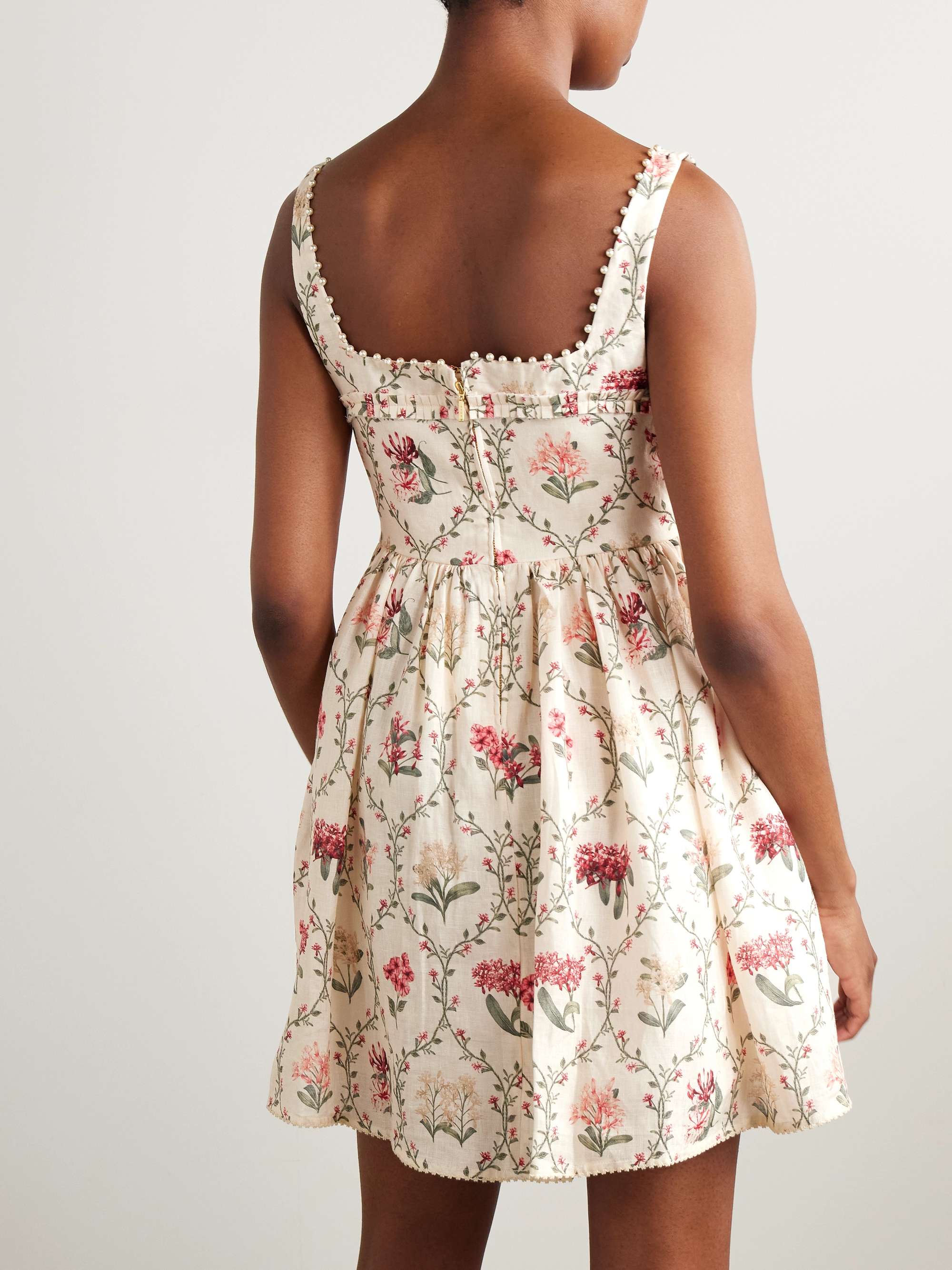 Barbara Orquidea embellished floral-print linen mini dress view