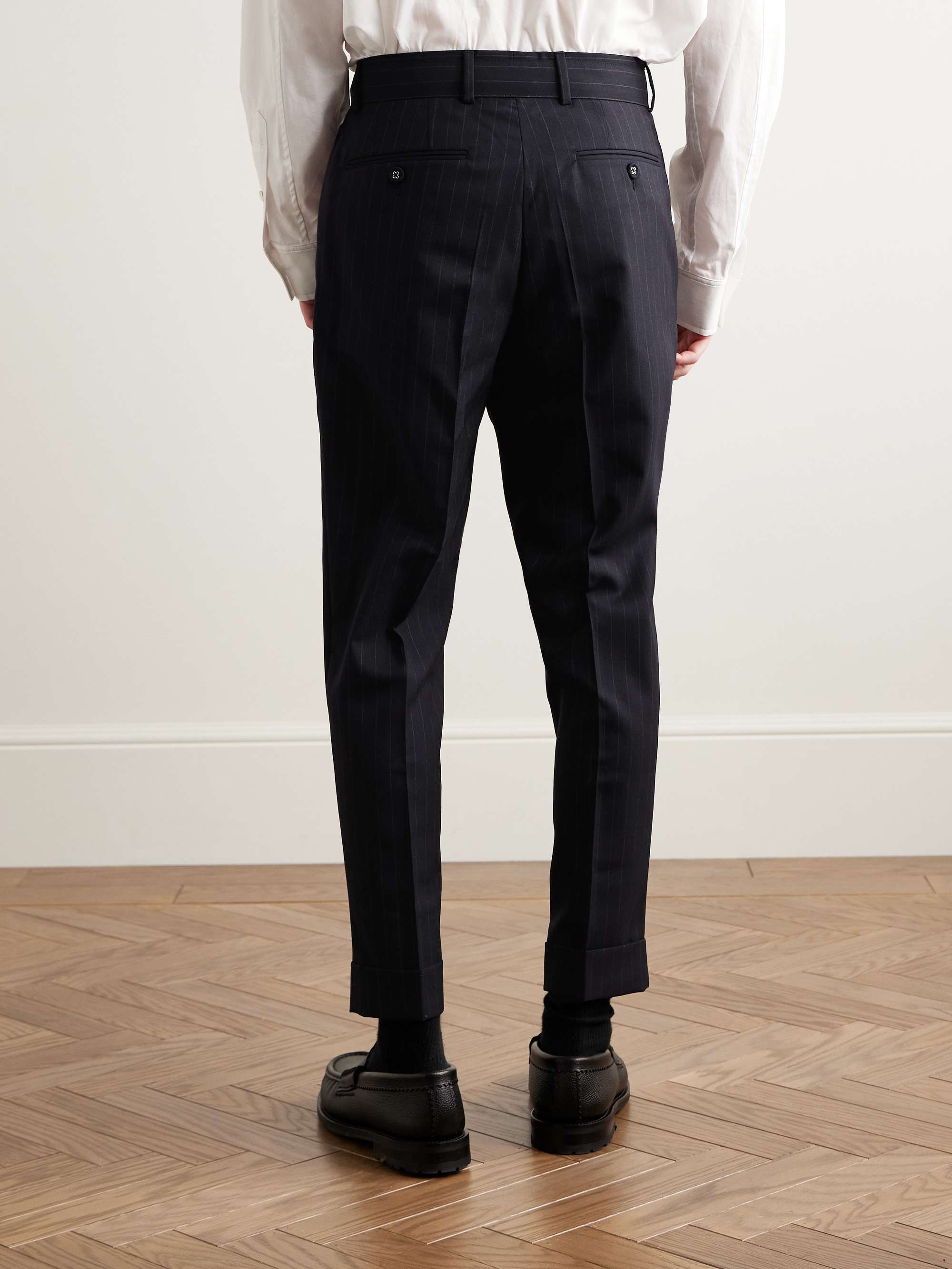 Pierre Tapered Pleated Belted Pinstriped Virgin Wool Trousers view
