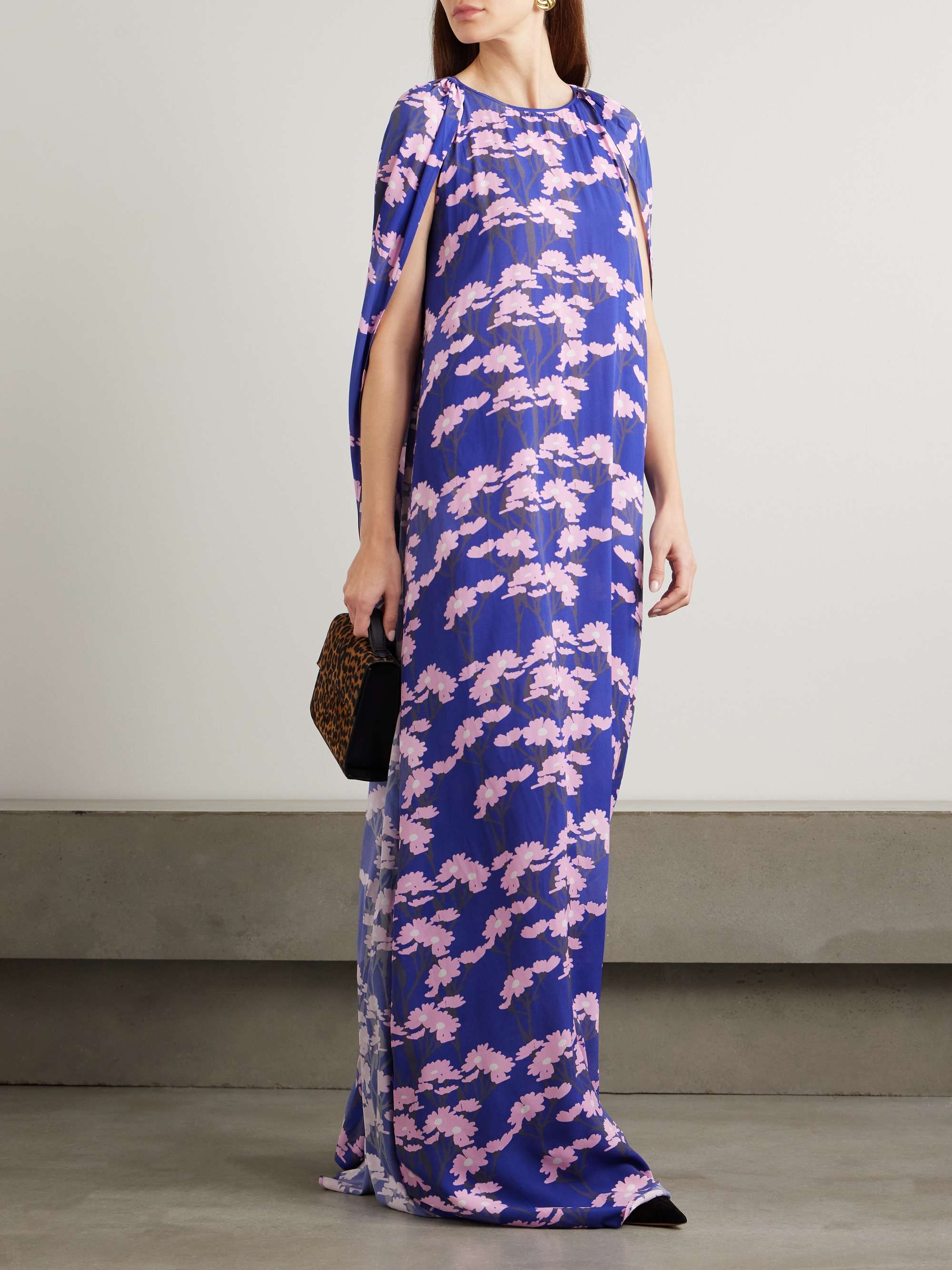 Minnie cape-effect floral-print crepe de chine gown view