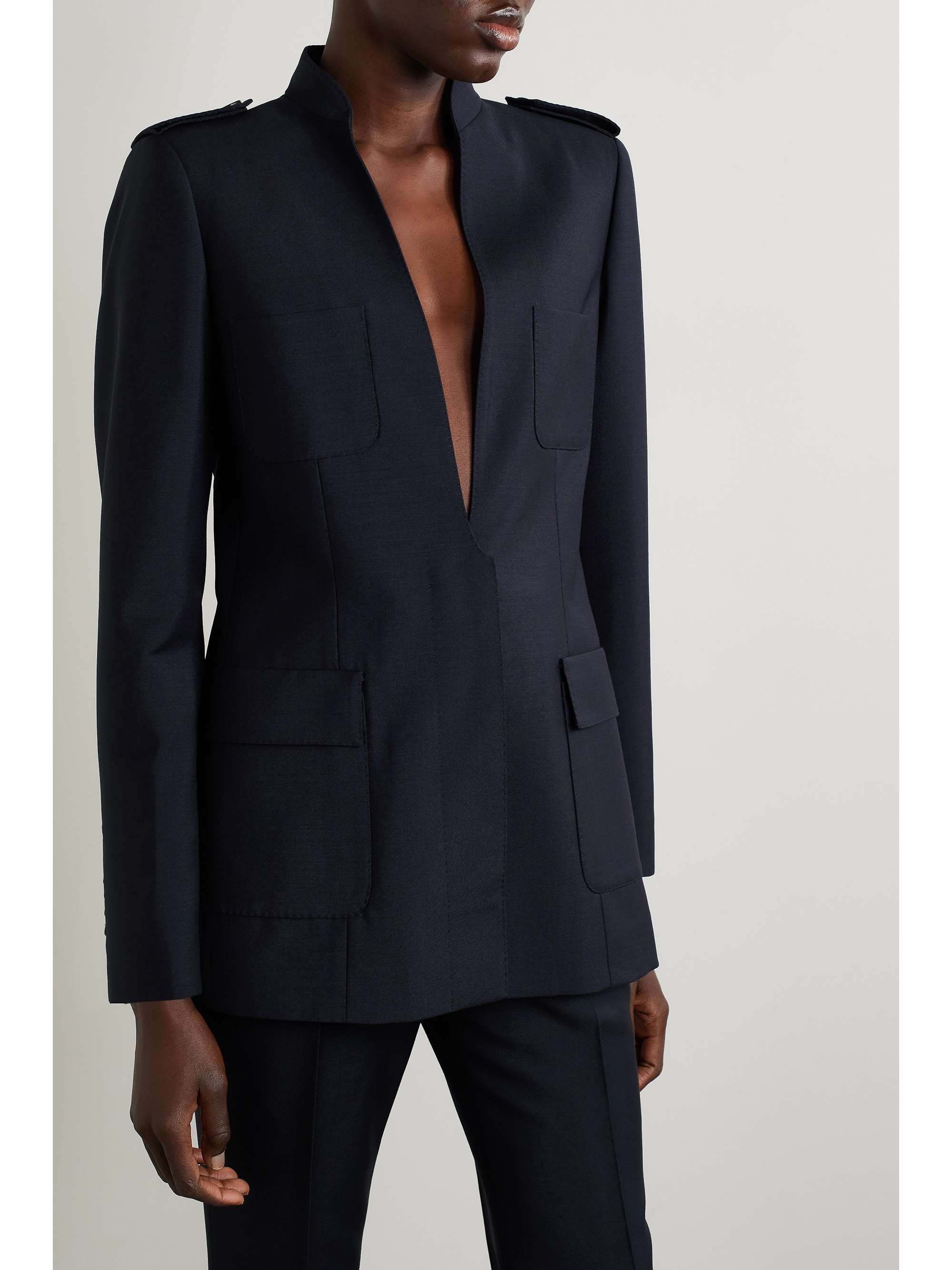 Belted leather-trimmed mohair and wool-blend crepe blazer view