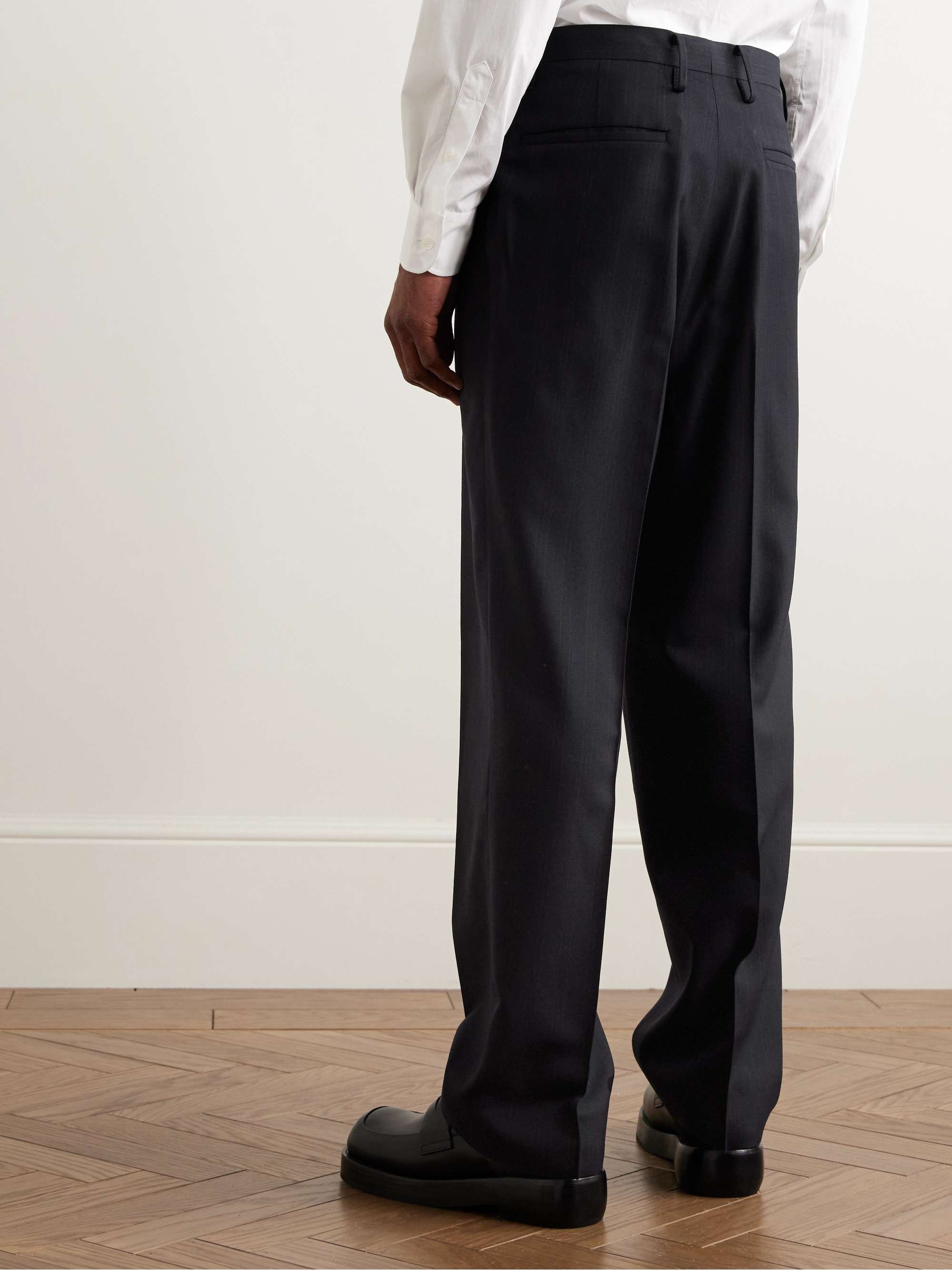 Shoecut Straight-Leg Pleated Pinstriped Wool and Silk-Blend Twill Trousers view