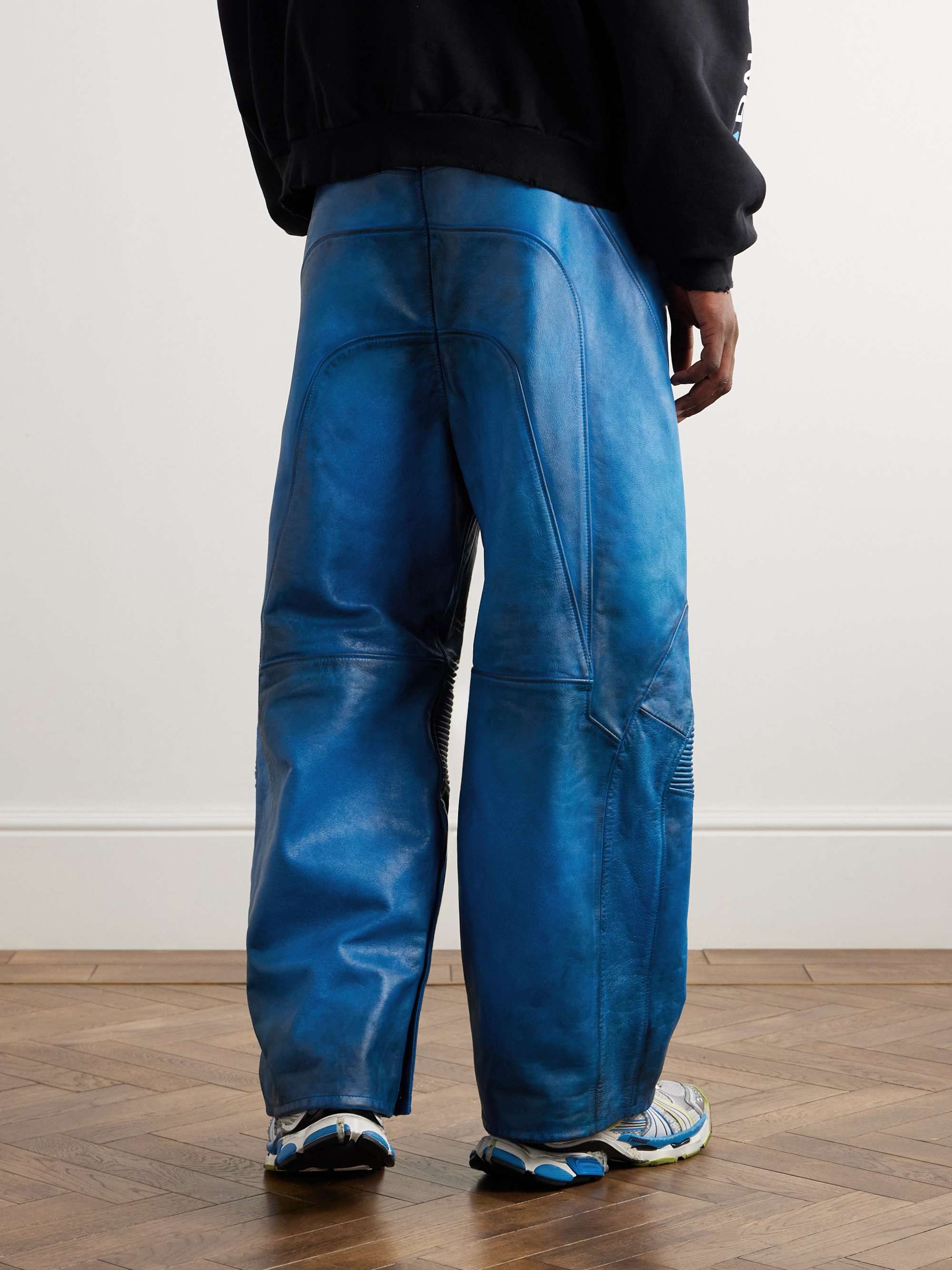 Biker Wide-Leg Panelled Leather Drawstring Trousers view