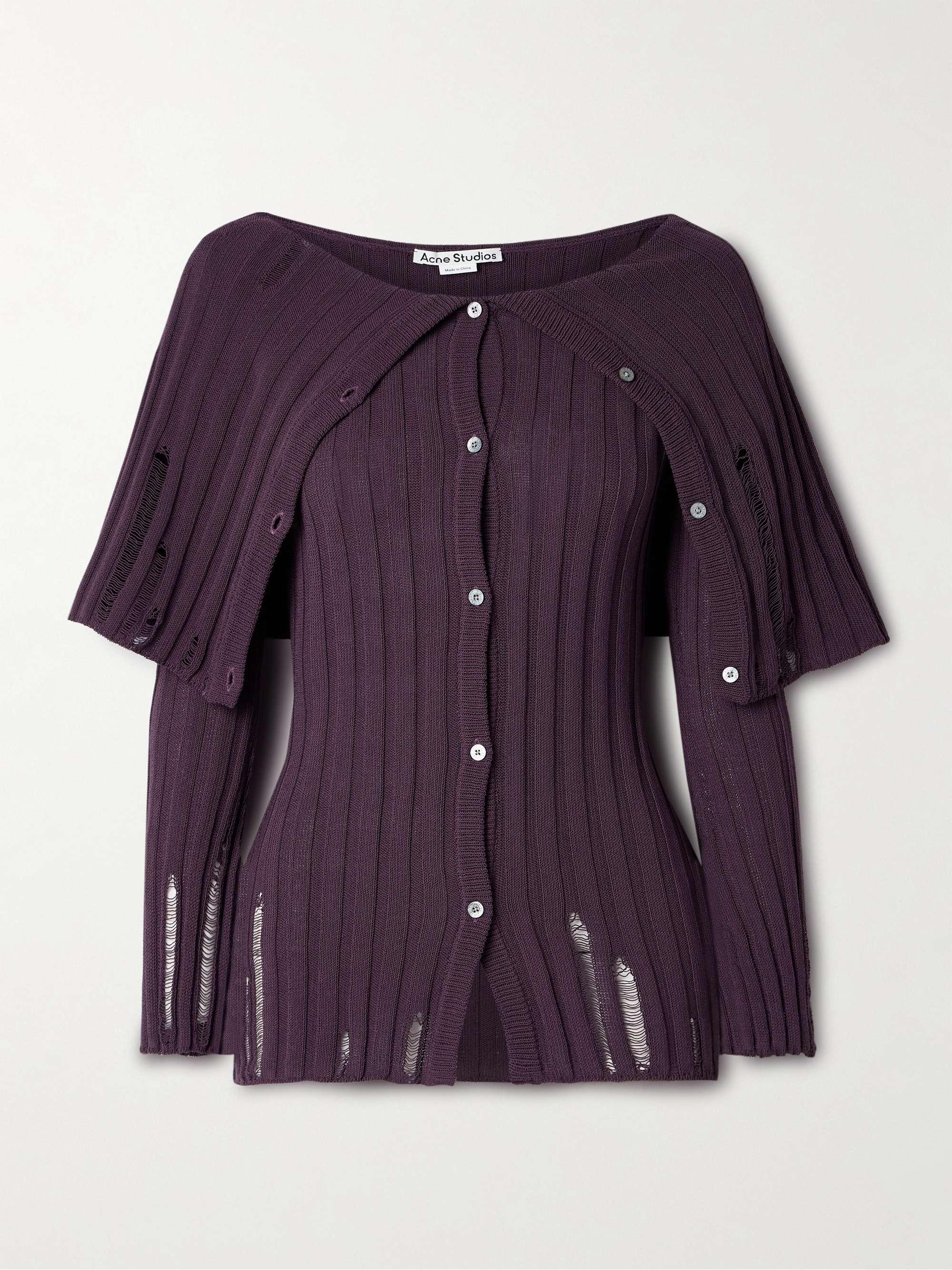 Distressed ribbed organic cotton-blend cardigan hero visual