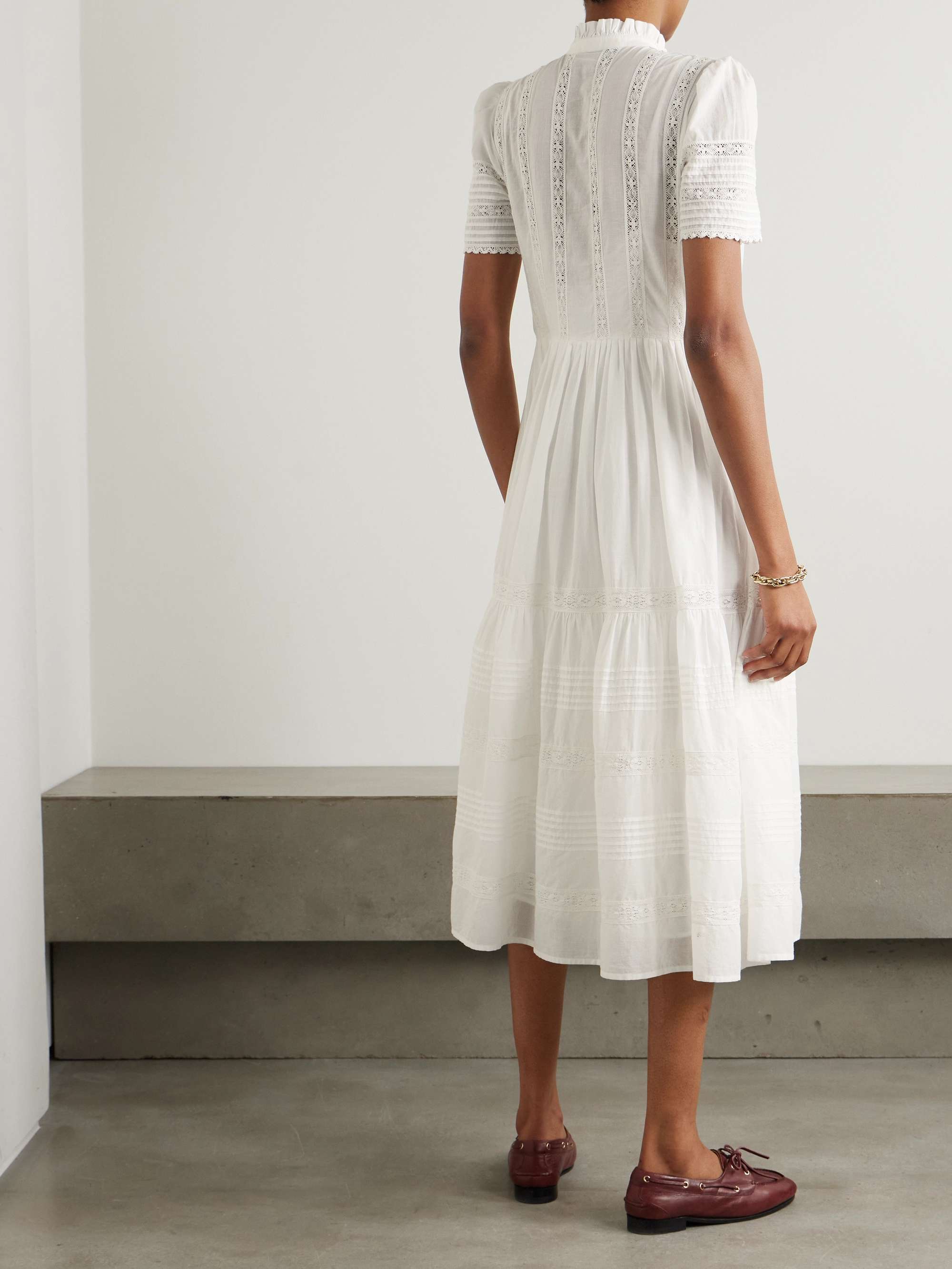 Lace-trimmed pintucked cotton midi dress view