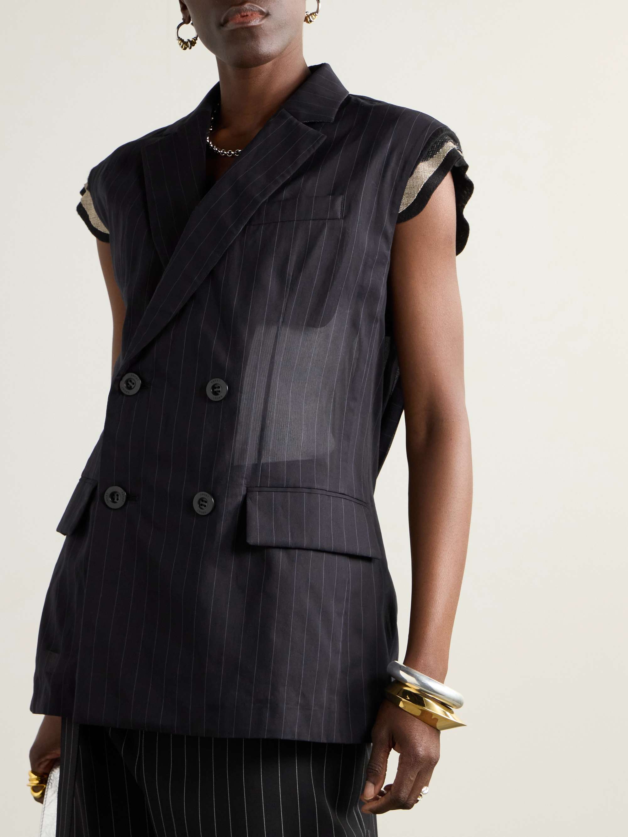 Doublre-breasted canvas-trimmed pinstriped cotton-voile vest view