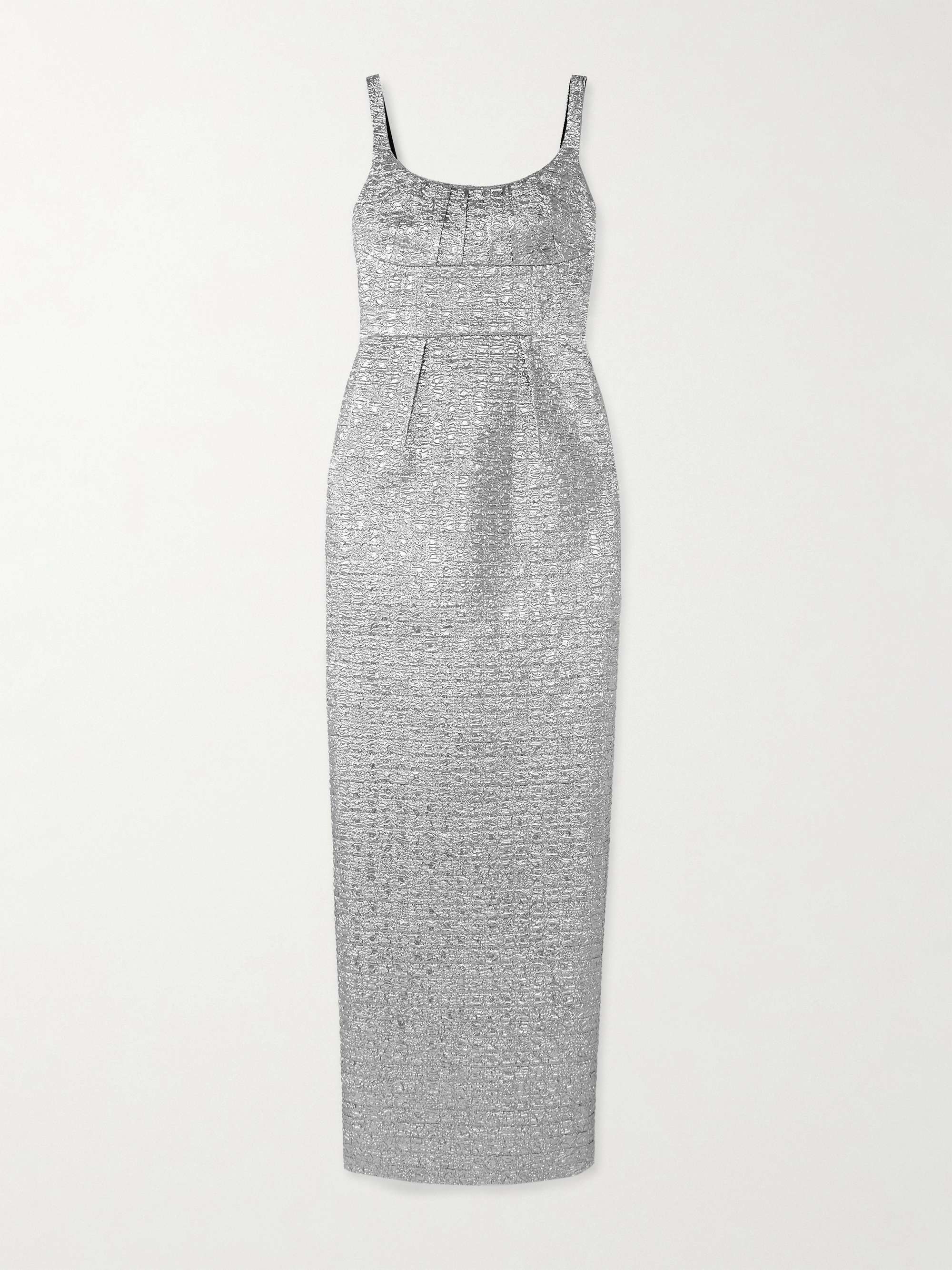 Sharon pintucked metallic seersucker maxi dress hero visual