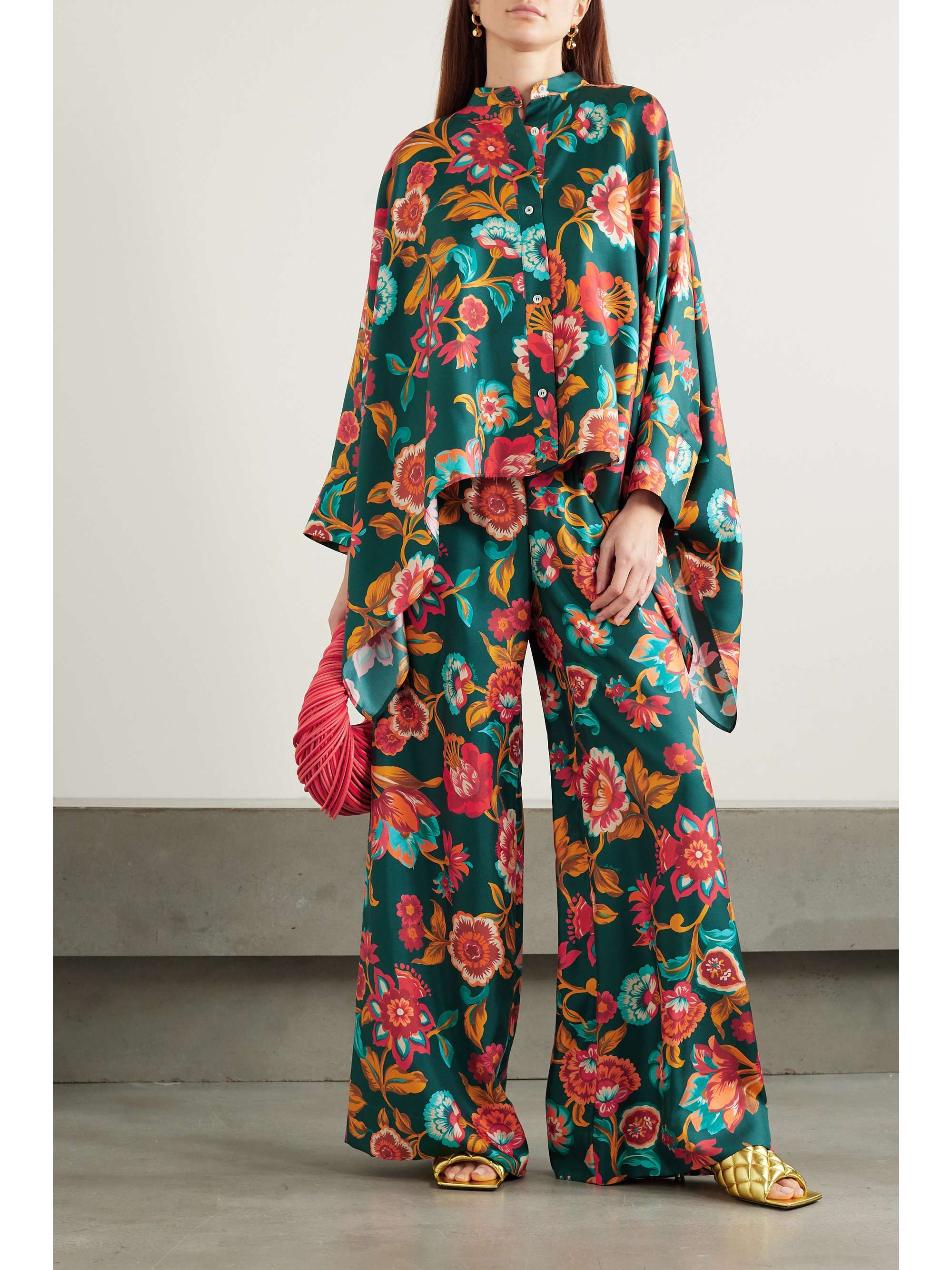Floral-print silk-twill wide-leg pants view