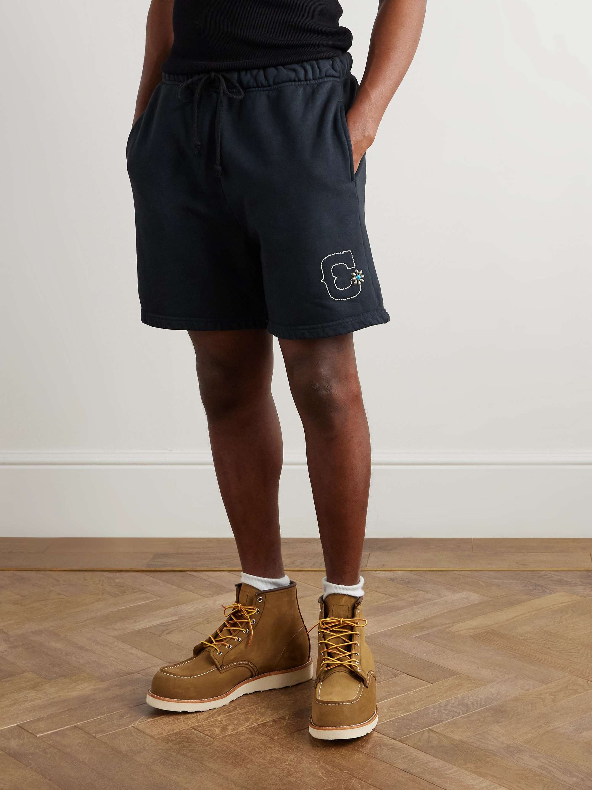 Straight-Leg Studded Logo-Embroidered Cotton-Fleece Shorts view