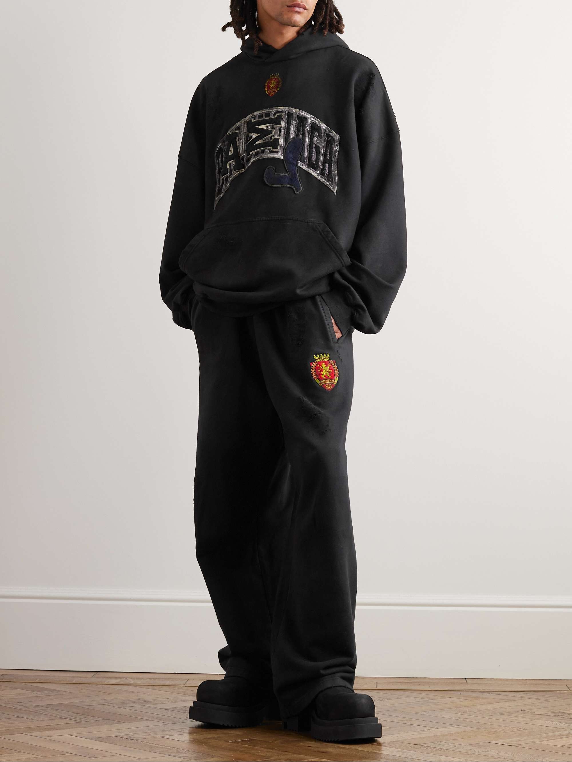 Oversized Distressed Logo-Appliquéd Cotton-Jersey Hoodie view