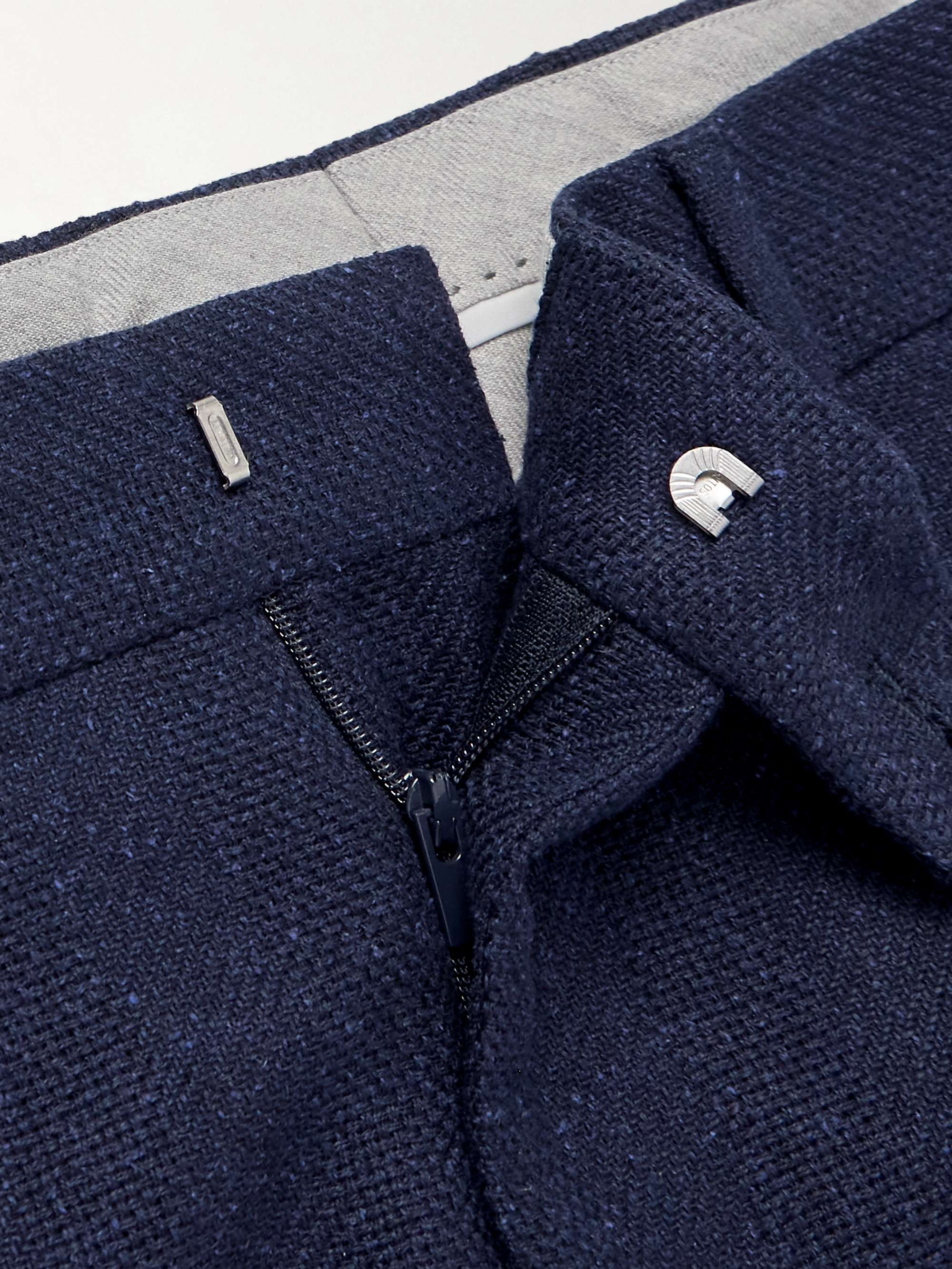 Tapered Pleated Striped Linen, Silk, Wool and Cotton-Blend Suit Trousers view