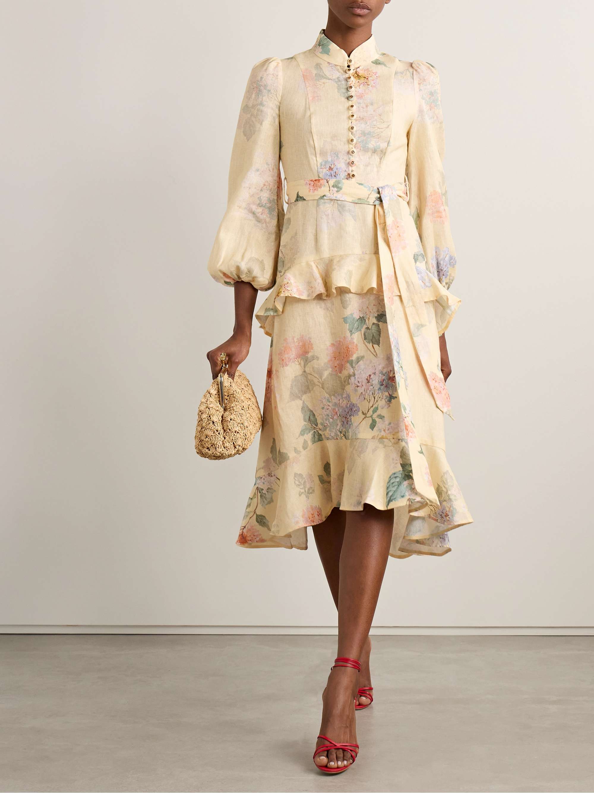 Illuminate belted ruffled floral-print linen midi dress view