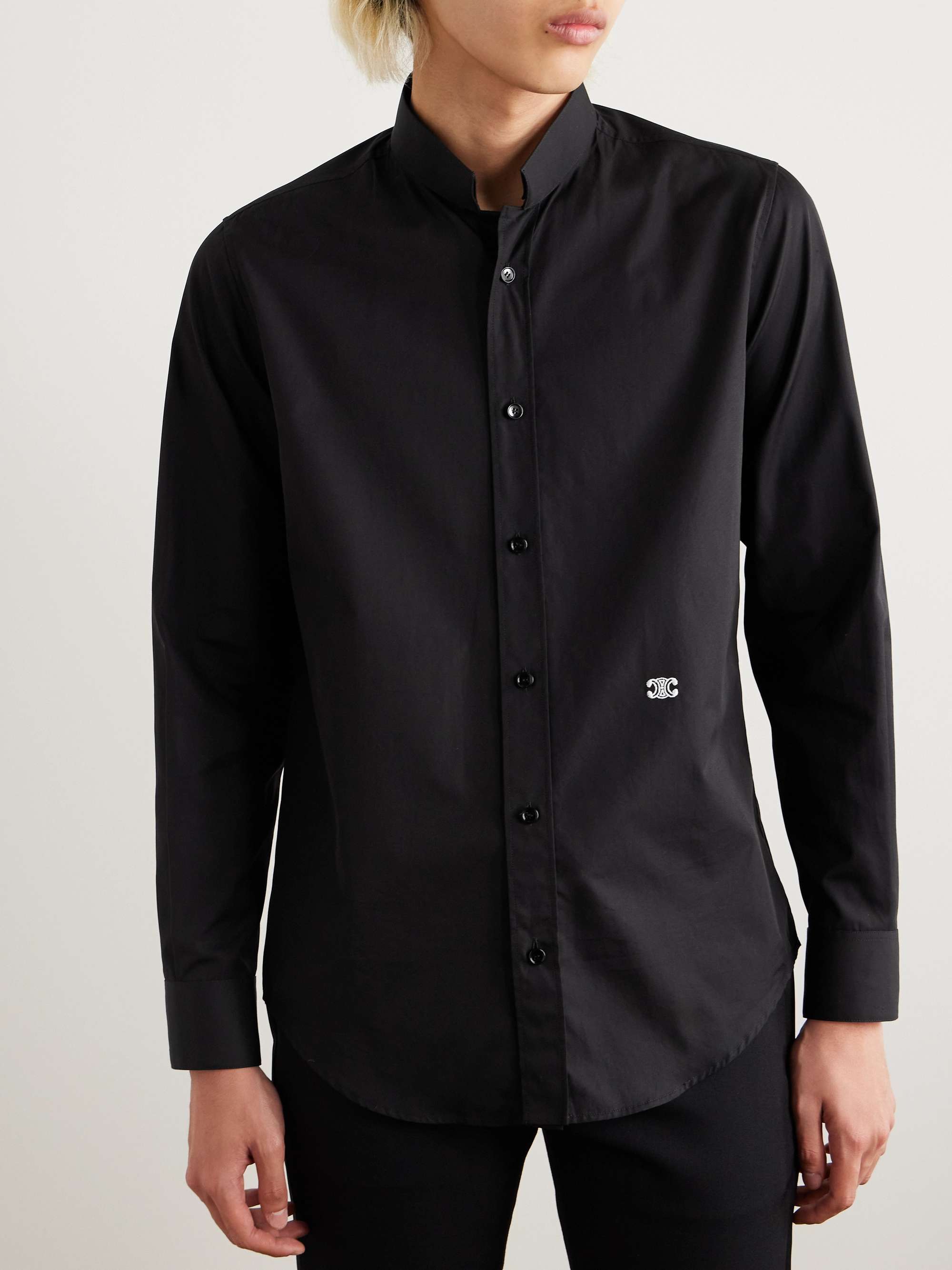 Slim-Fit Mandarin-Collar Logo-Embroidered Cotton-Poplin Shirt view