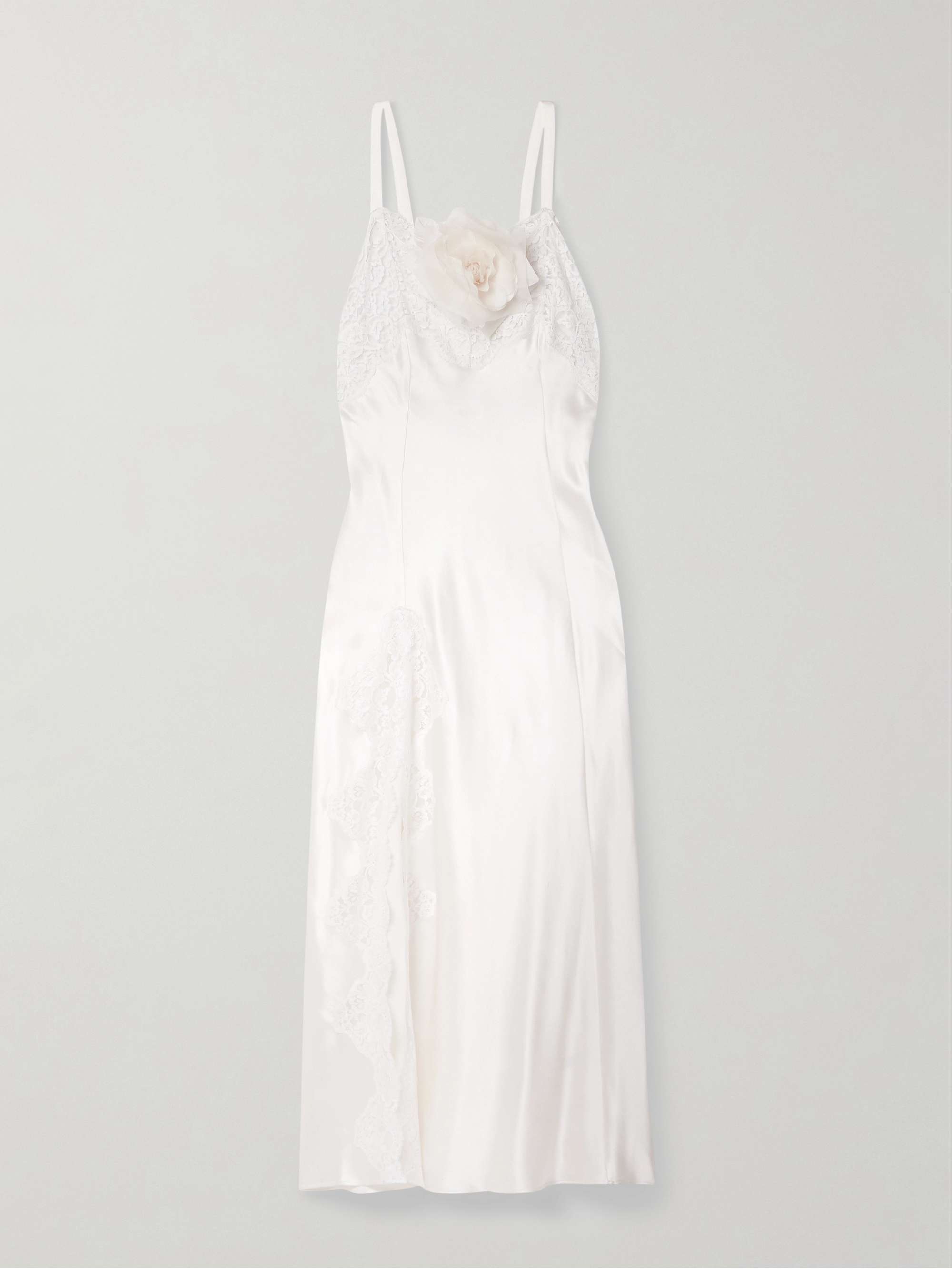 Embellished lace-trimmed silk-satin midi dress hero visual
