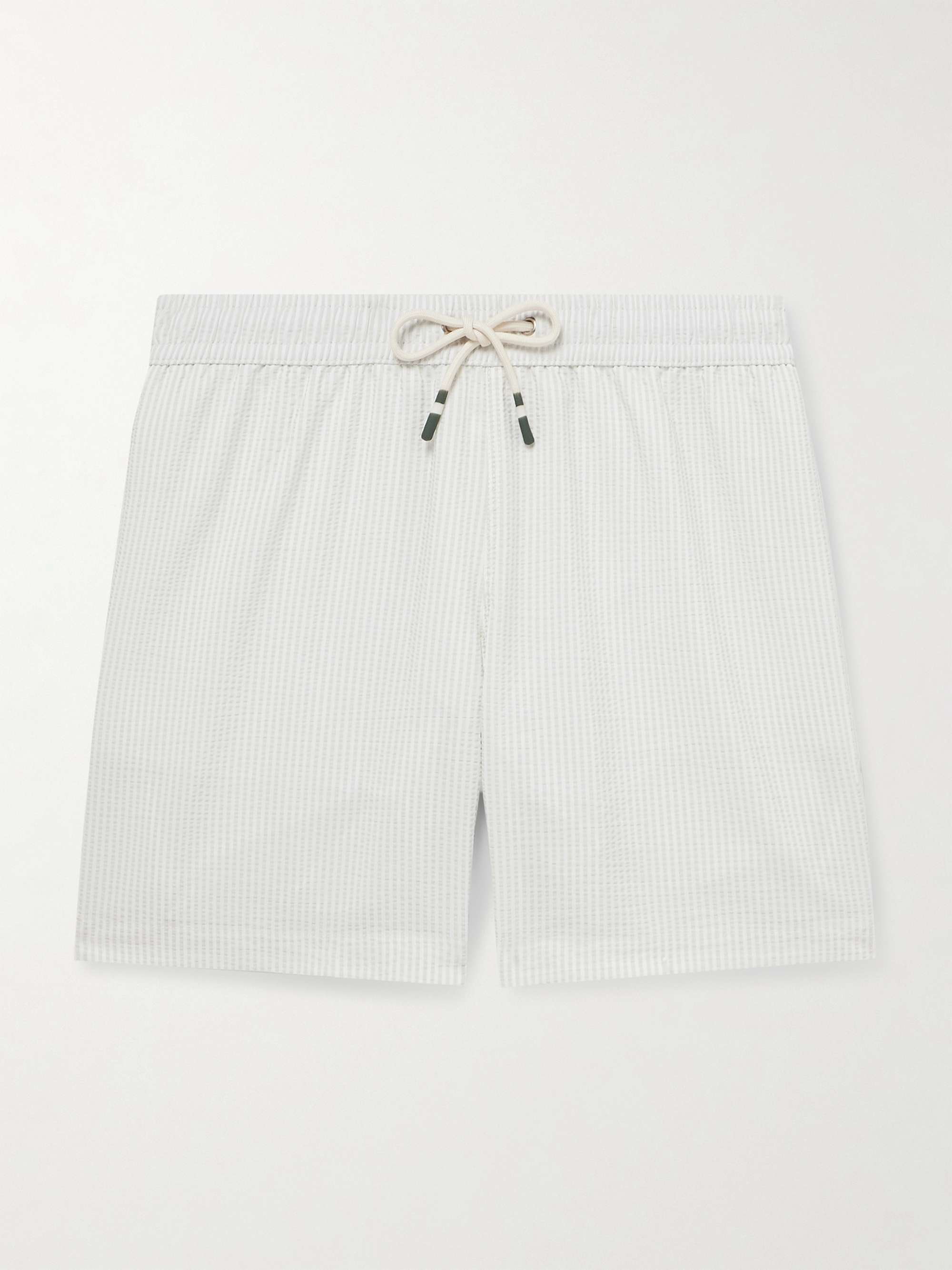 Straight-Leg Mid-Length Striped Seersucker Swim Shorts hero visual
