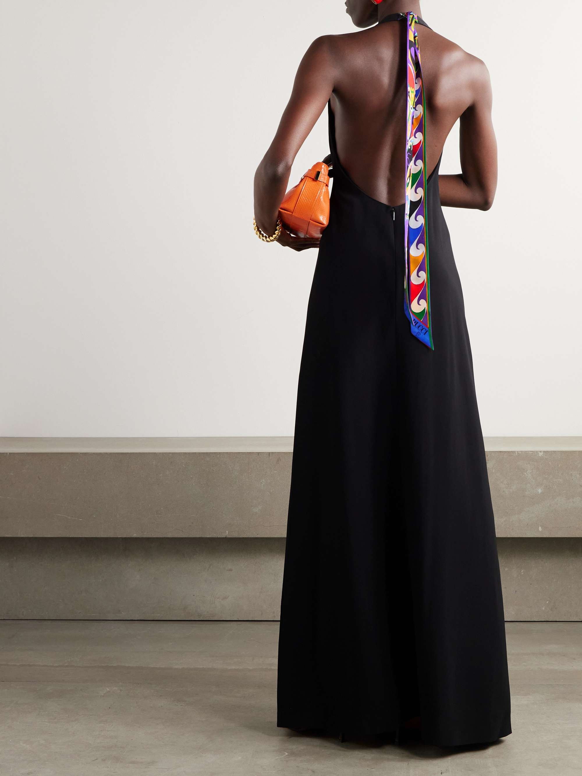 Printed silk-twill trimmed cady halterneck maxi dress view