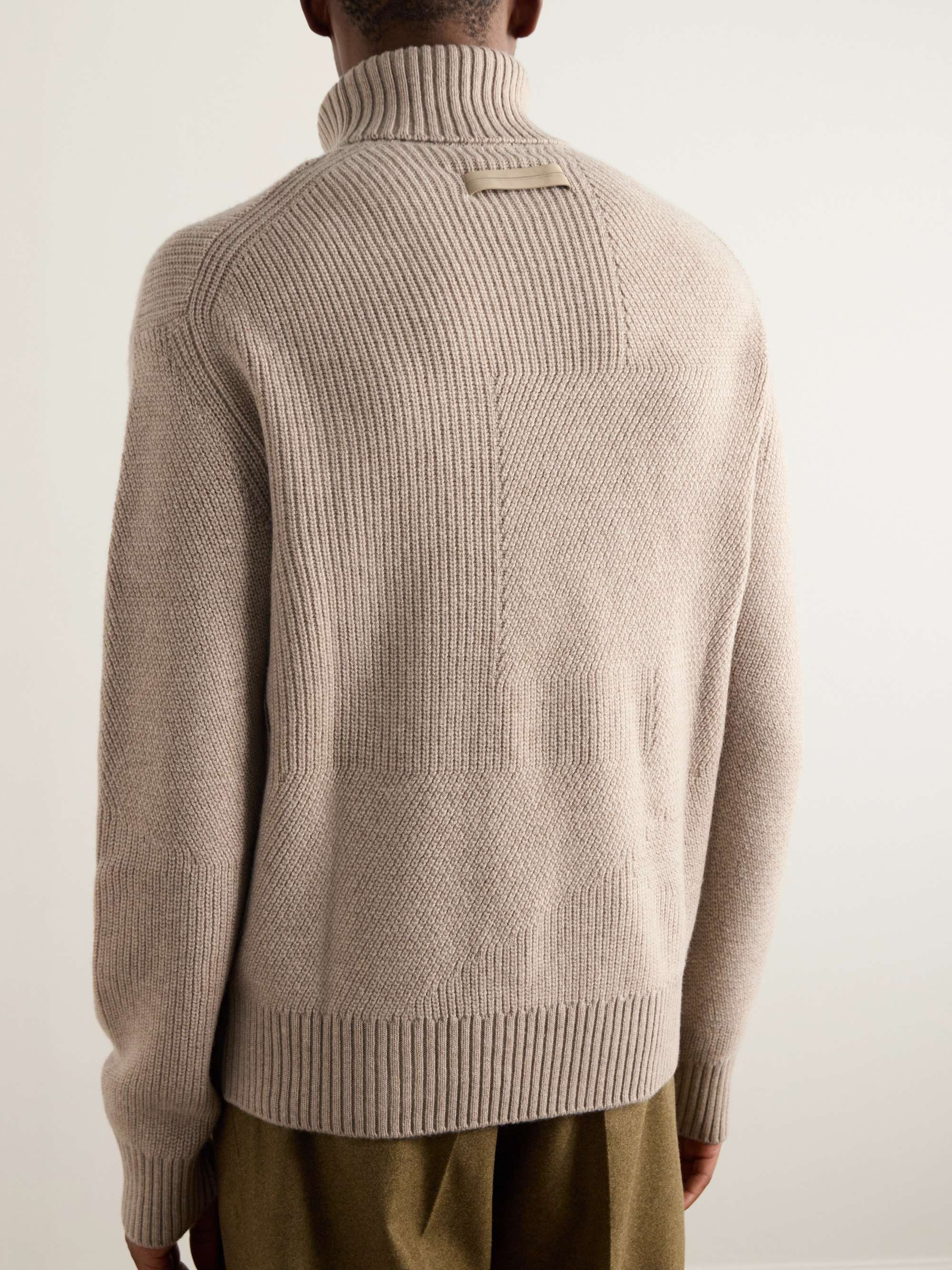 Logo-Appliquéd Leather-Trimmed Ribbed Cashmere Rollneck Sweater view