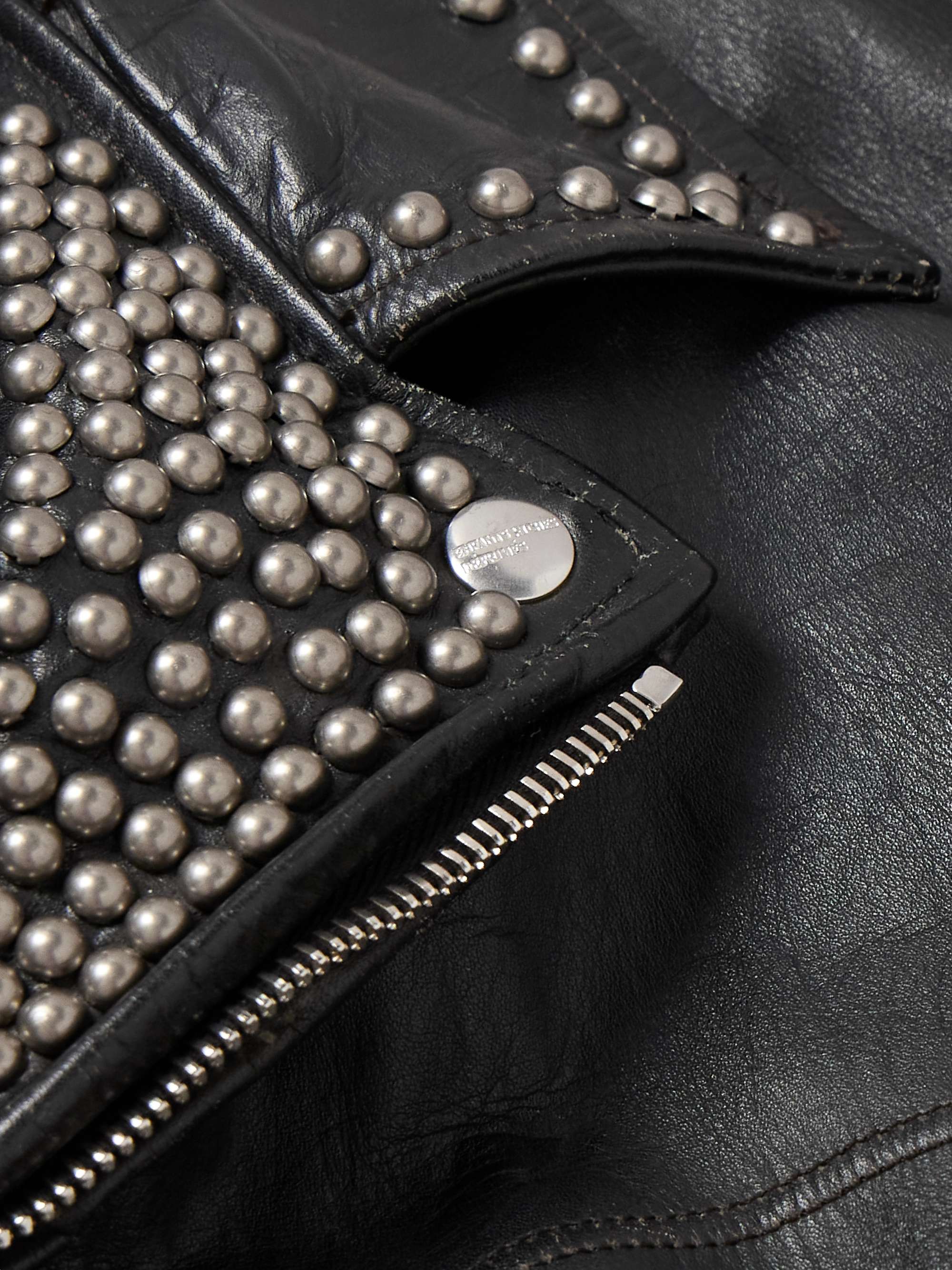 Studded Printed Distressed Leather Biker Jacket view