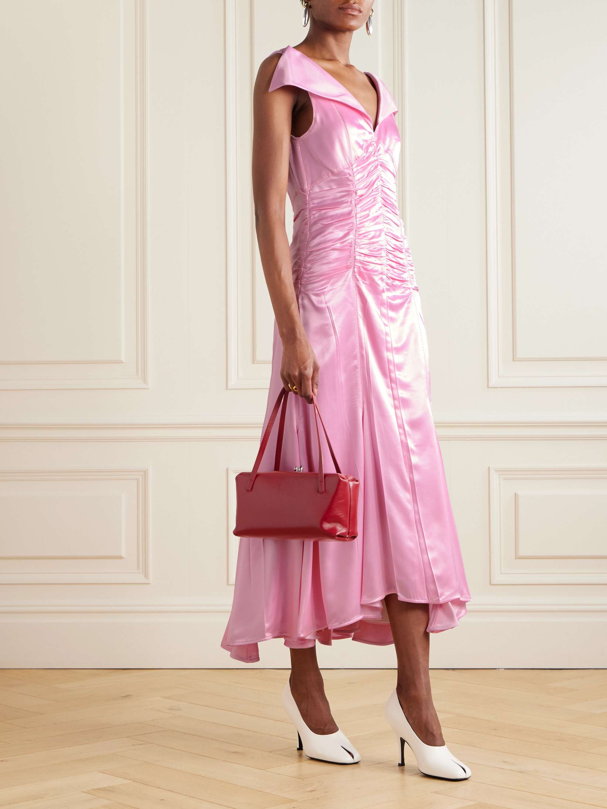 Open-back ruched pleated satin gown view