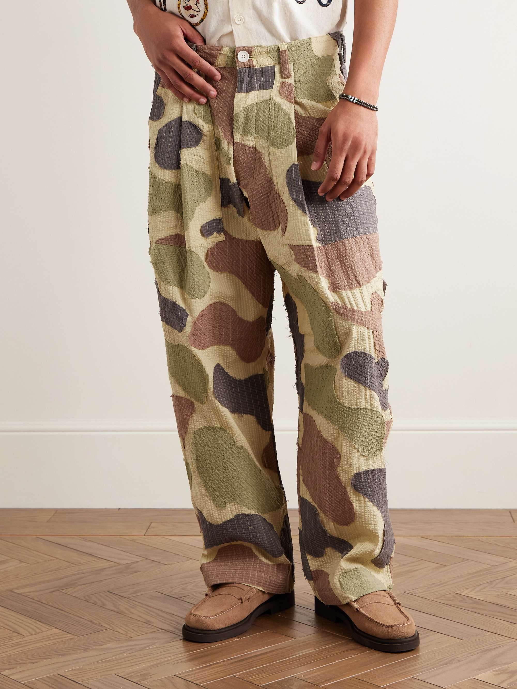 Yuki Wide-Leg Pleated Appliquéd Striped Cotton-Seersucker Trousers view