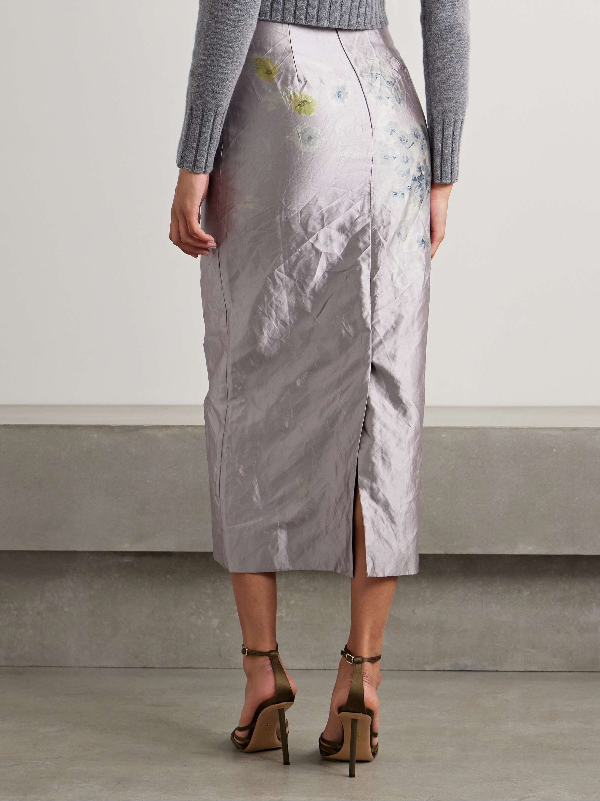 Crinkled floral-print satin-twill midi skirt view